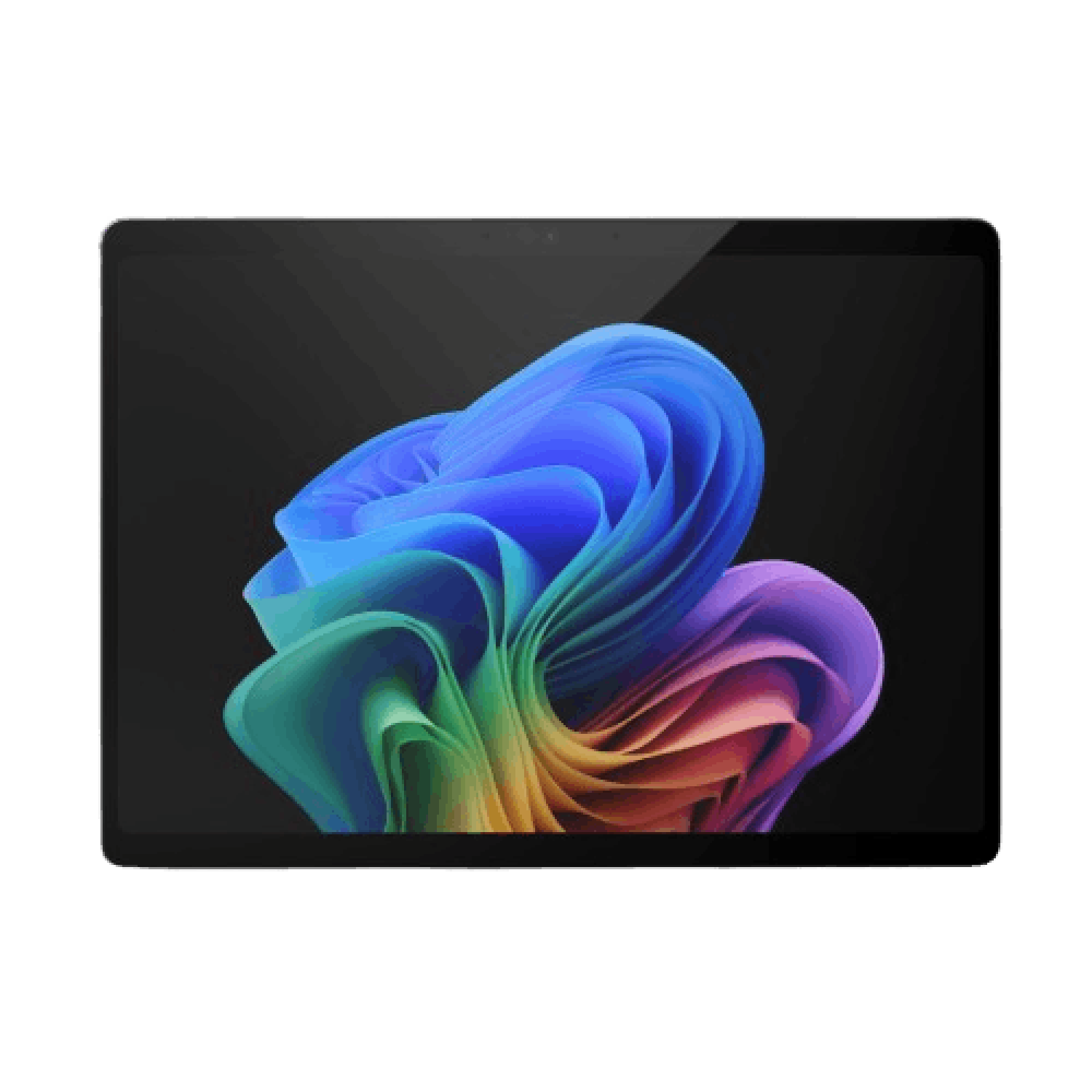 Tablet met een kleurrijk abstract kunstwerk op het scherm. Zwarte achtergrond.