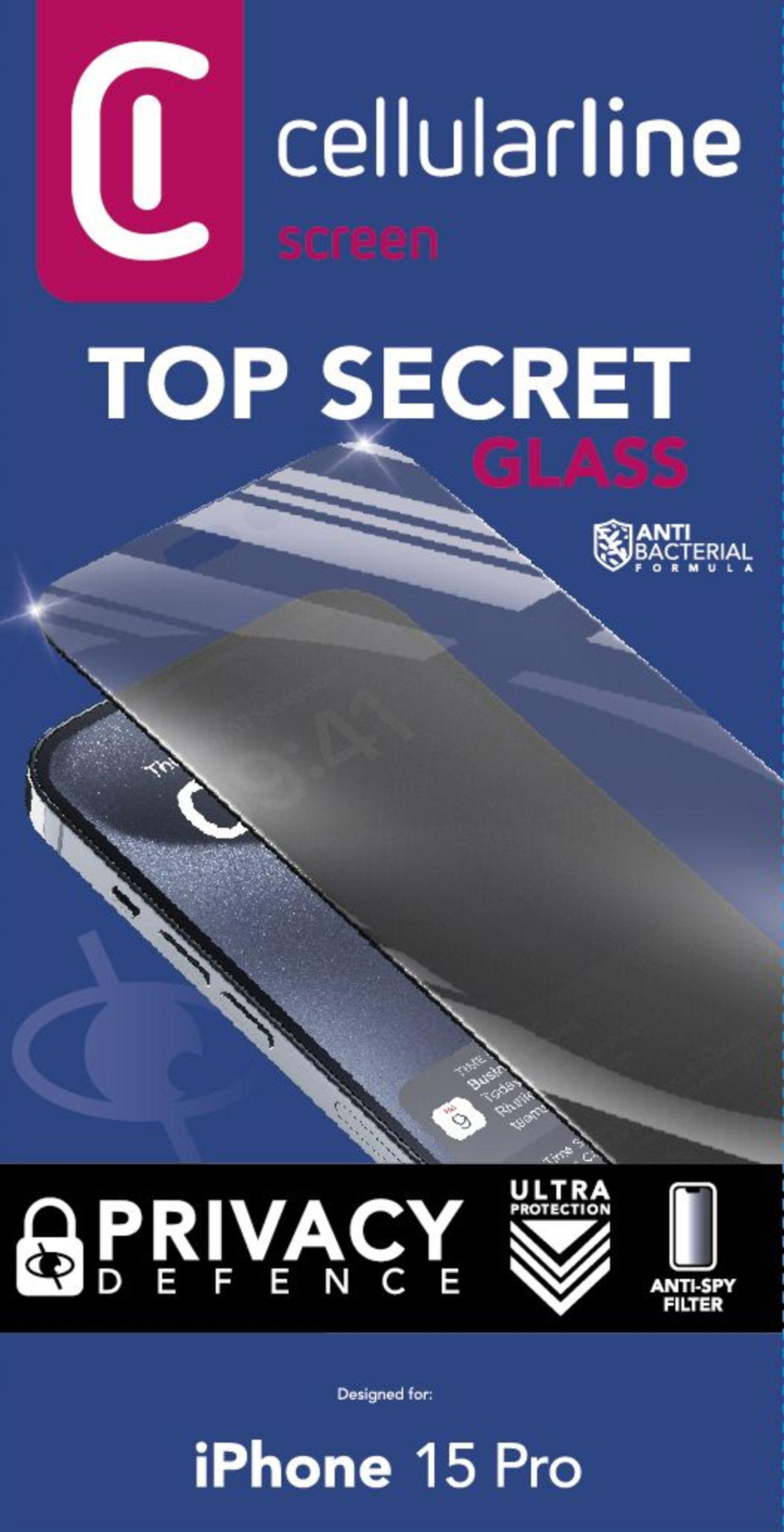 Displayschutzfolien-Verpackung für iPhone 15 Pro. Zeigt ein Telefon mit angebrachter Folie. Text: Top Secret Glass.