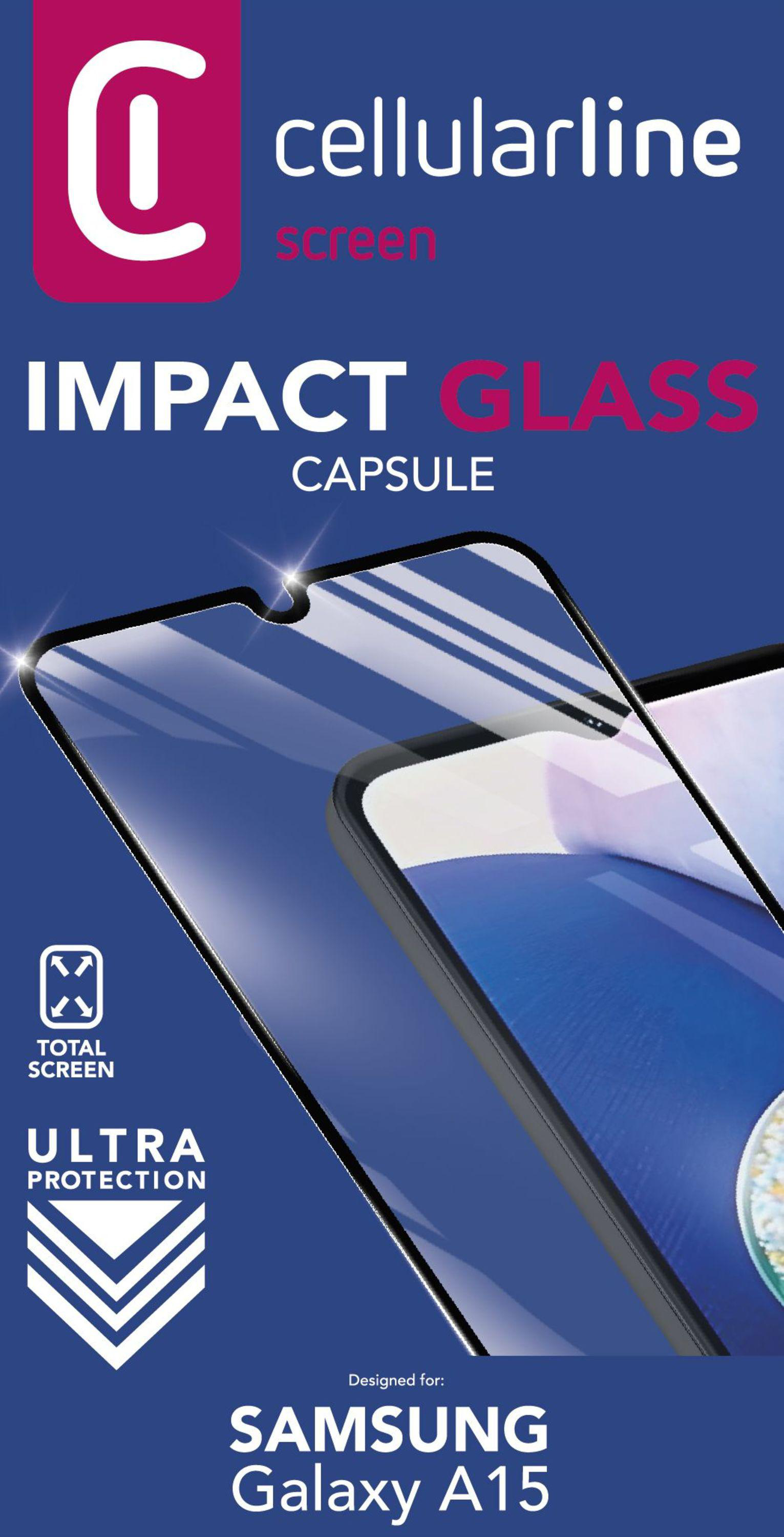 Eine Produktverpackung für einen Displayschutz für ein Samsung Galaxy A15. Die Verpackung zeigt das Produkt und das Telefon.