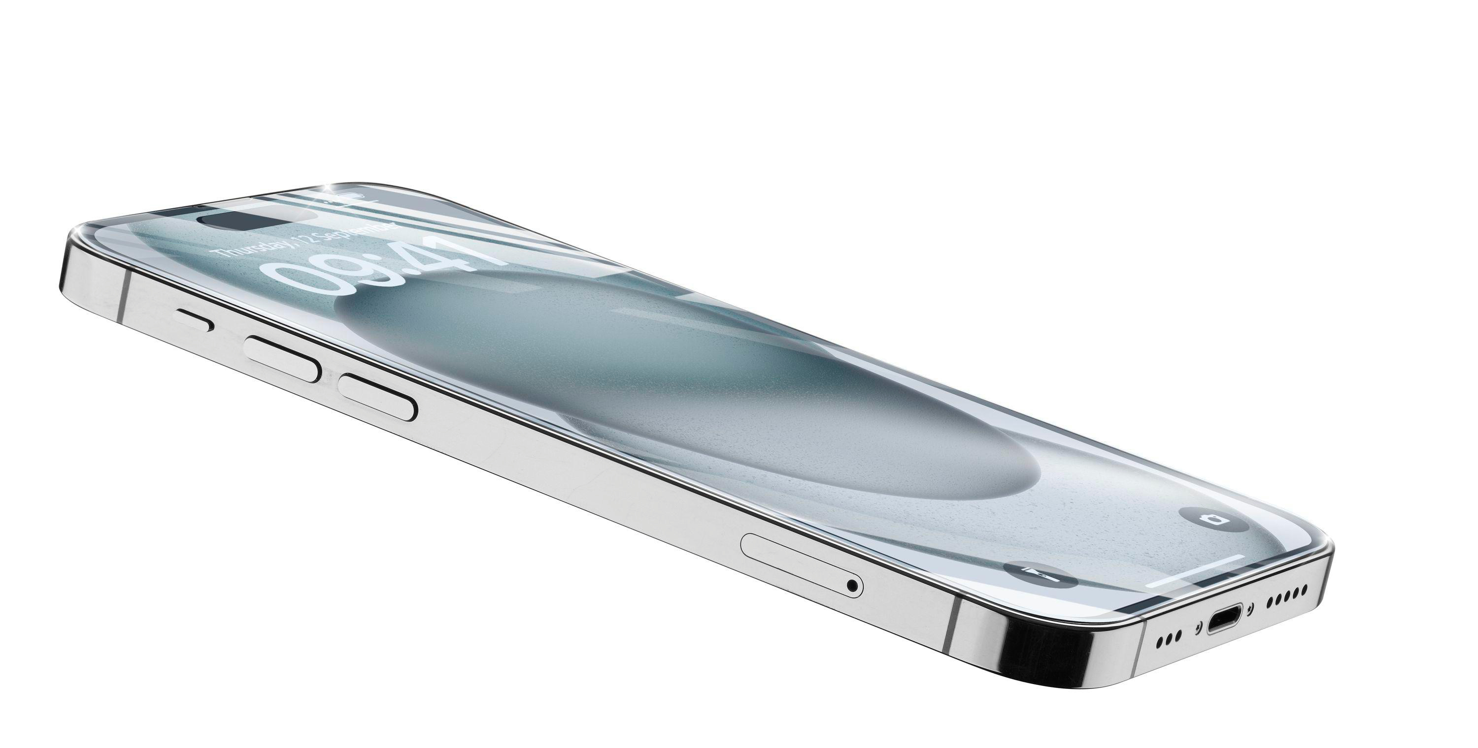 Schräge Ansicht eines silbernen Smartphones mit Uhrzeit auf dem Bildschirm.