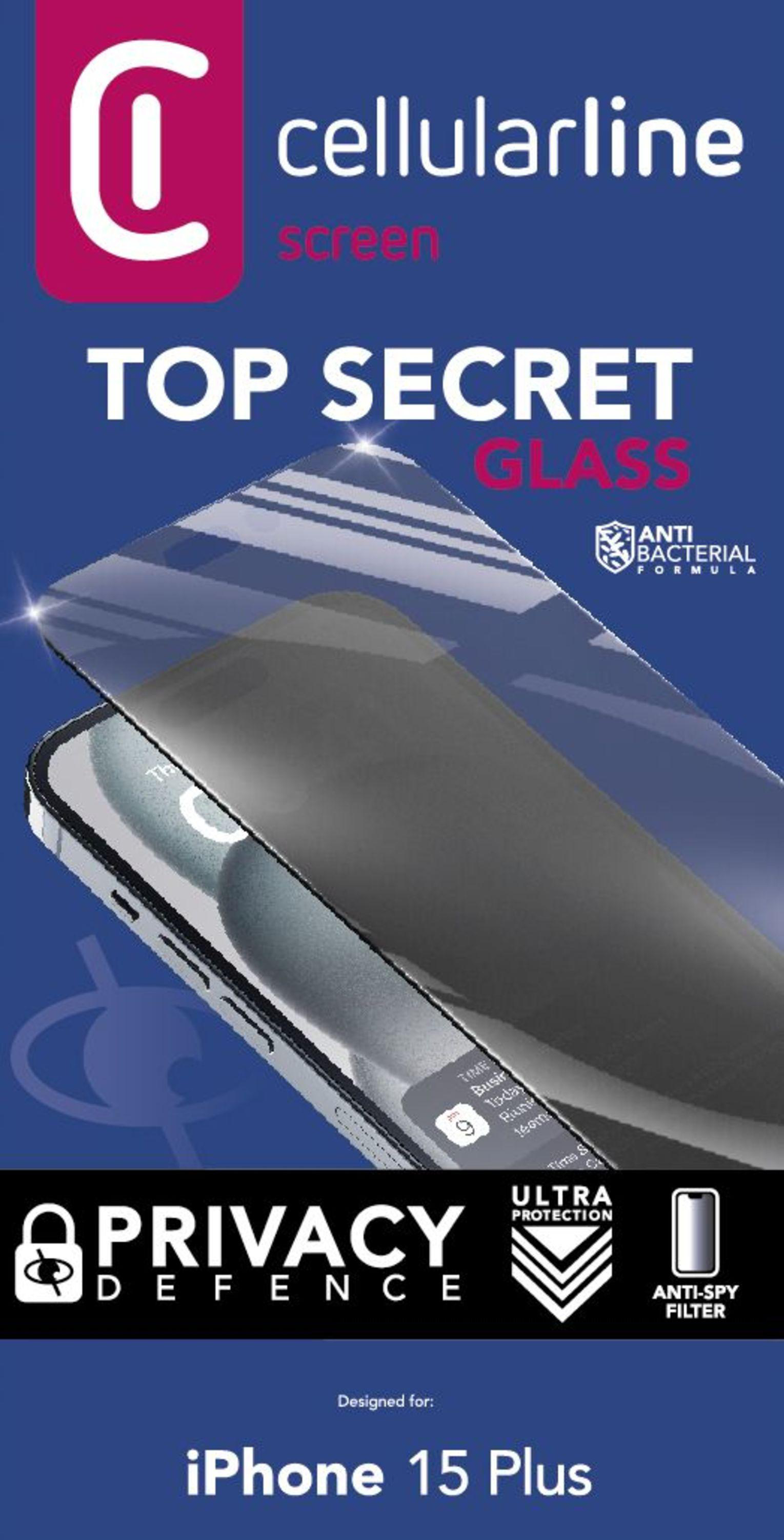 Datenschutz-Displayschutz für iPhone 15. Top Secret Glass, antibakteriell, Sichtschutz, Anti-Spion-Filter.