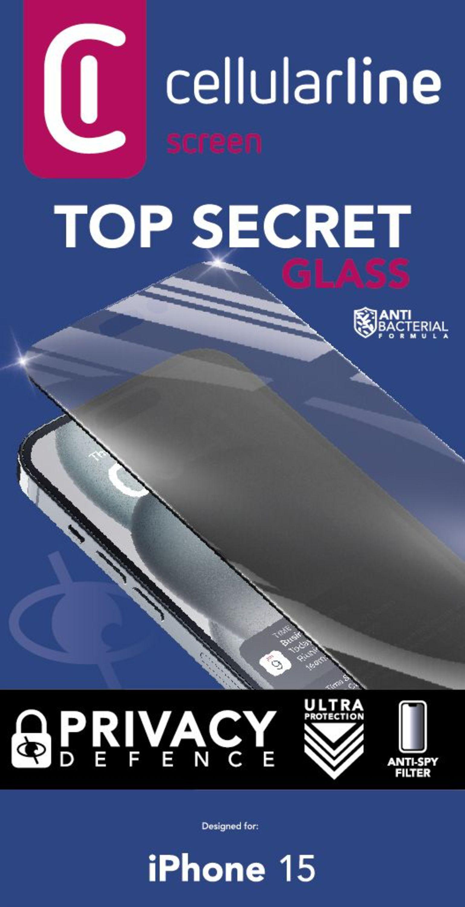 Verpackung für Displayschutzfolie. Blau und weiß mit Text: Top Secret Glass, Anti-Spy-Filter.