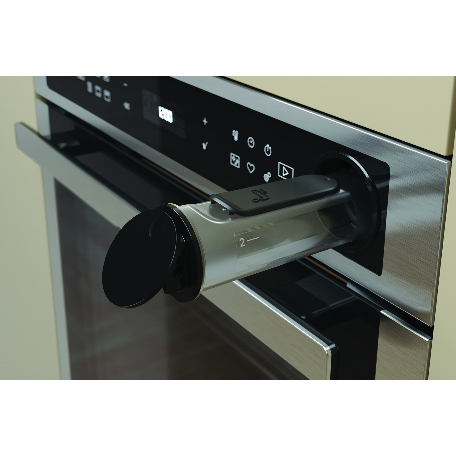 Primo piano di un forno a microonde con la porta aperta, che rivela un contenitore di vetro con coperchio nero.