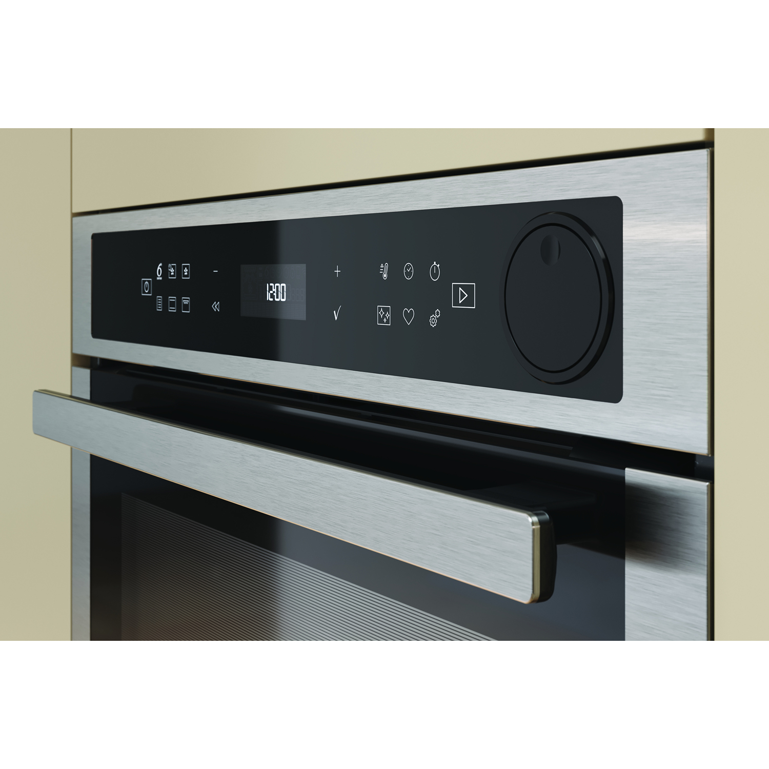 Primo piano del pannello di controllo di un forno a microonde con pulsanti e display digitale con l'ora 12:00.