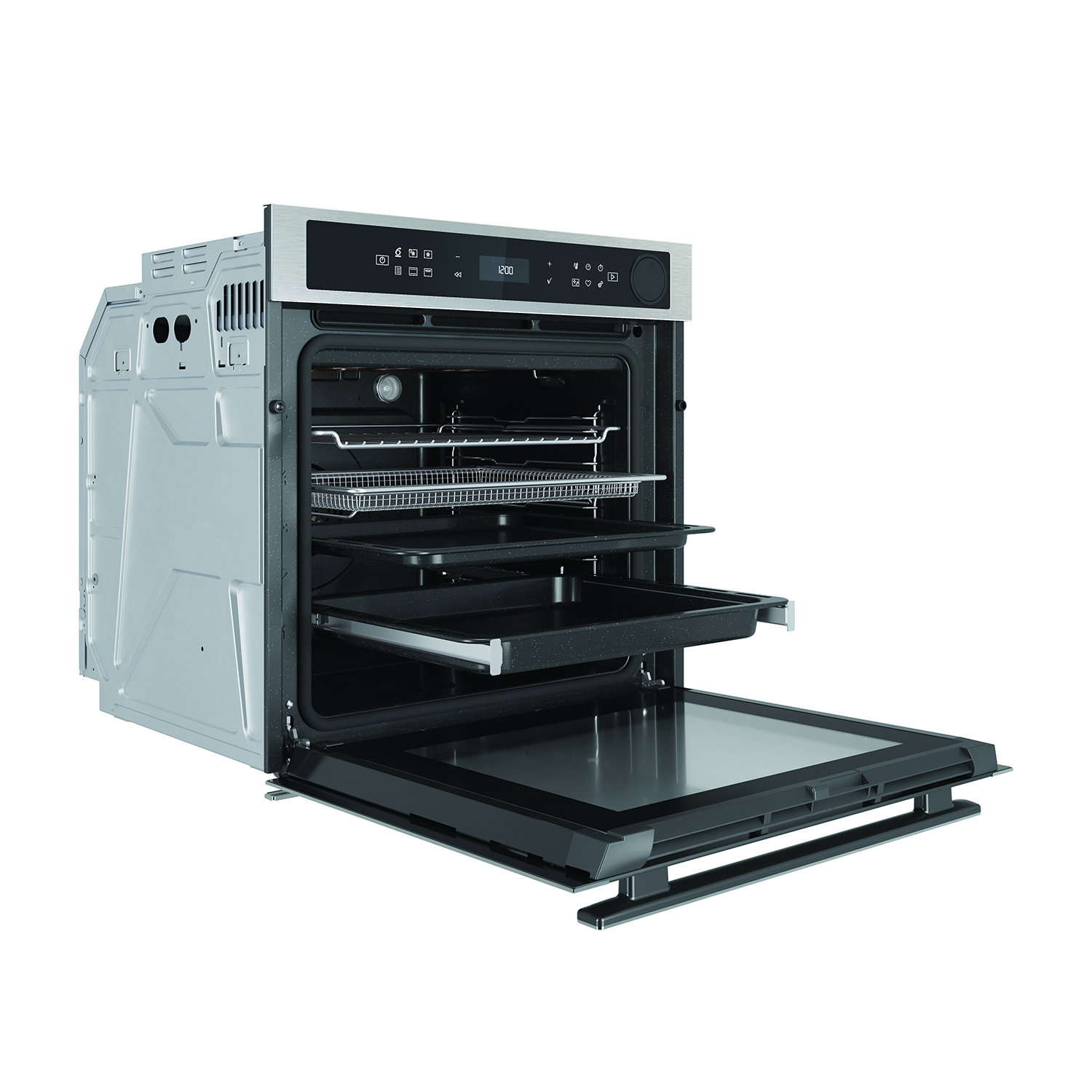 Un forno con la porta aperta, che mostra l'interno con vassoi. È argento e nero.