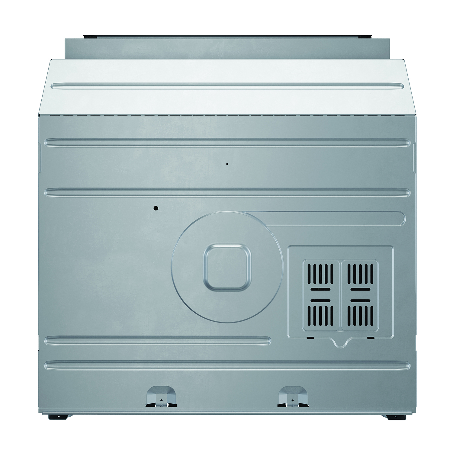 Il retro di un forno argentato e grigio con una presa d'aria e dettagli rettangolari.