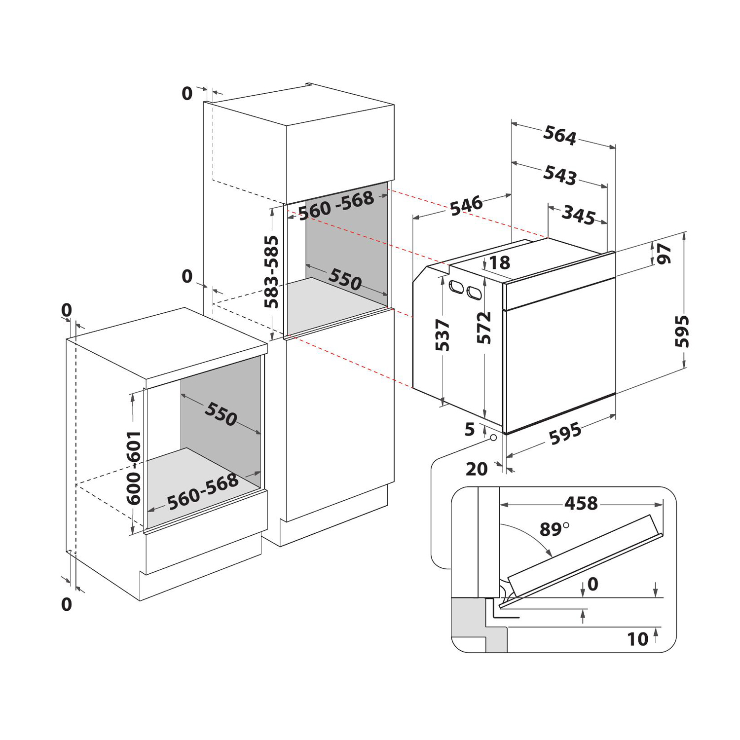Schema di forno e microonde a incasso con dimensioni. Mostra viste dall'alto e laterali.