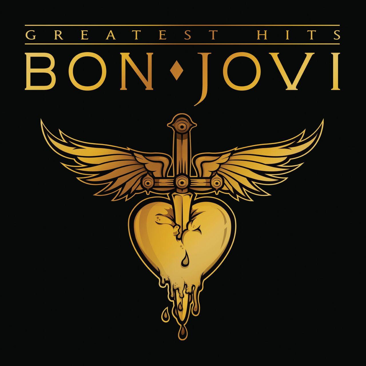 Emblème doré d'un cœur avec des ailes et une épée, avec "Greatest Hits" et "Bon Jovi" sur fond noir.