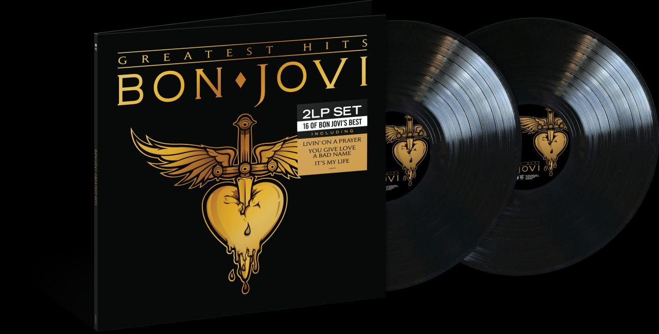 Albumcover mit Bon Jovi Logo und zwei schwarzen Vinylplatten auf schwarzem Hintergrund.