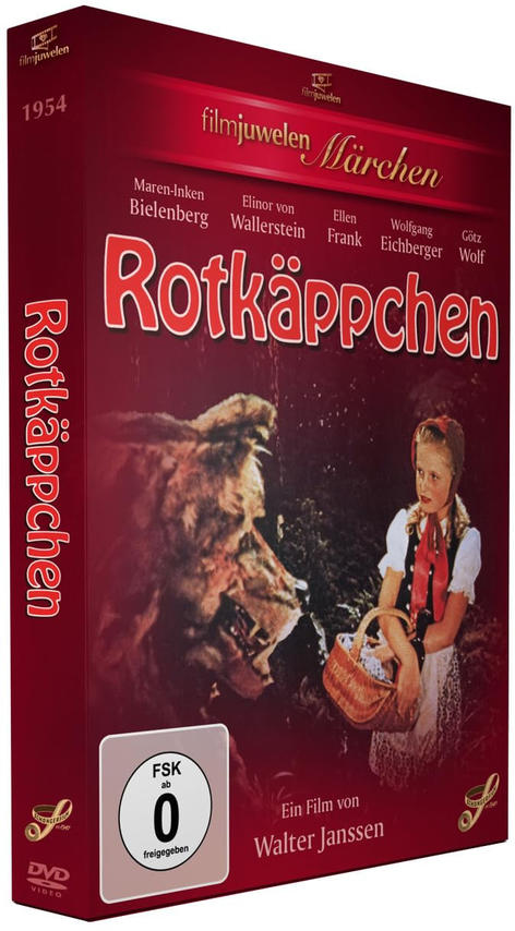 DVD-Cover: Rotkäppchen-Film. Ein Bär greift an, ein Mädchen mit Korb schaut zu. Text auf Deutsch.