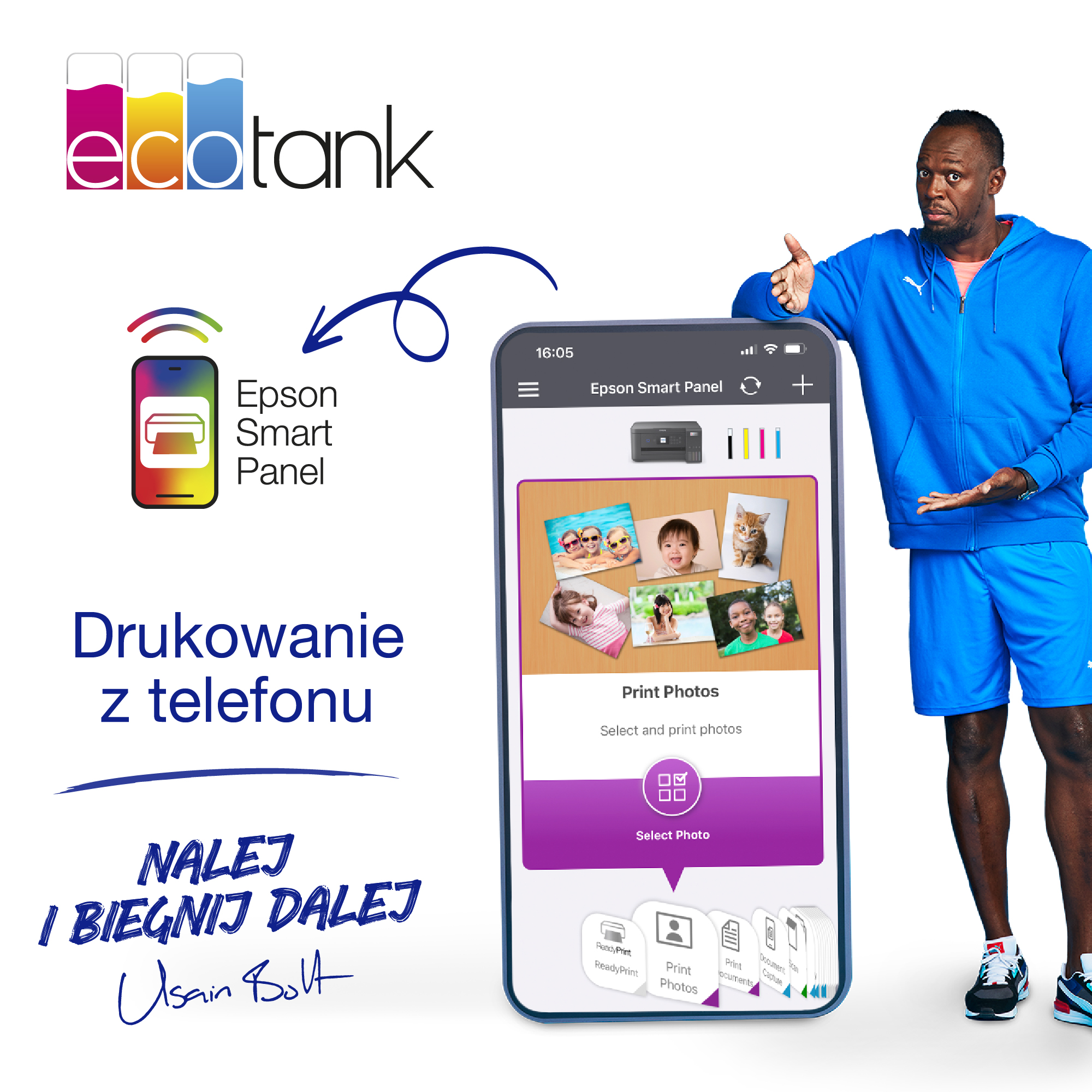 Usain Bolt z telefonem pokazującym aplikację Epson Smart Panel. Drukuj zdjęcia z telefonu.