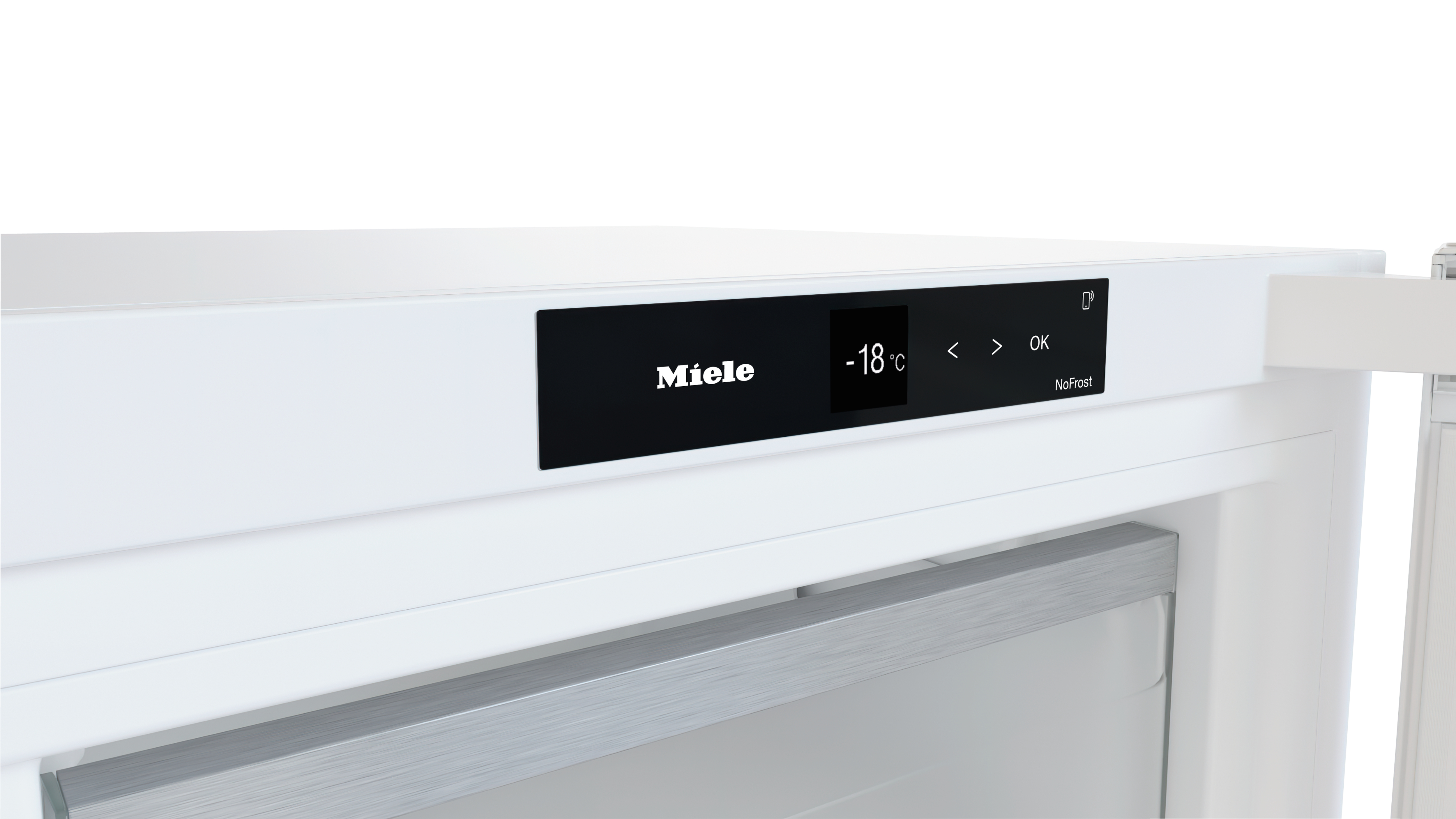 Ein weißer Kühlschrank zeigt einen kleinen digitalen Bildschirm, der das Miele-Logo und die Temperatur anzeigt.