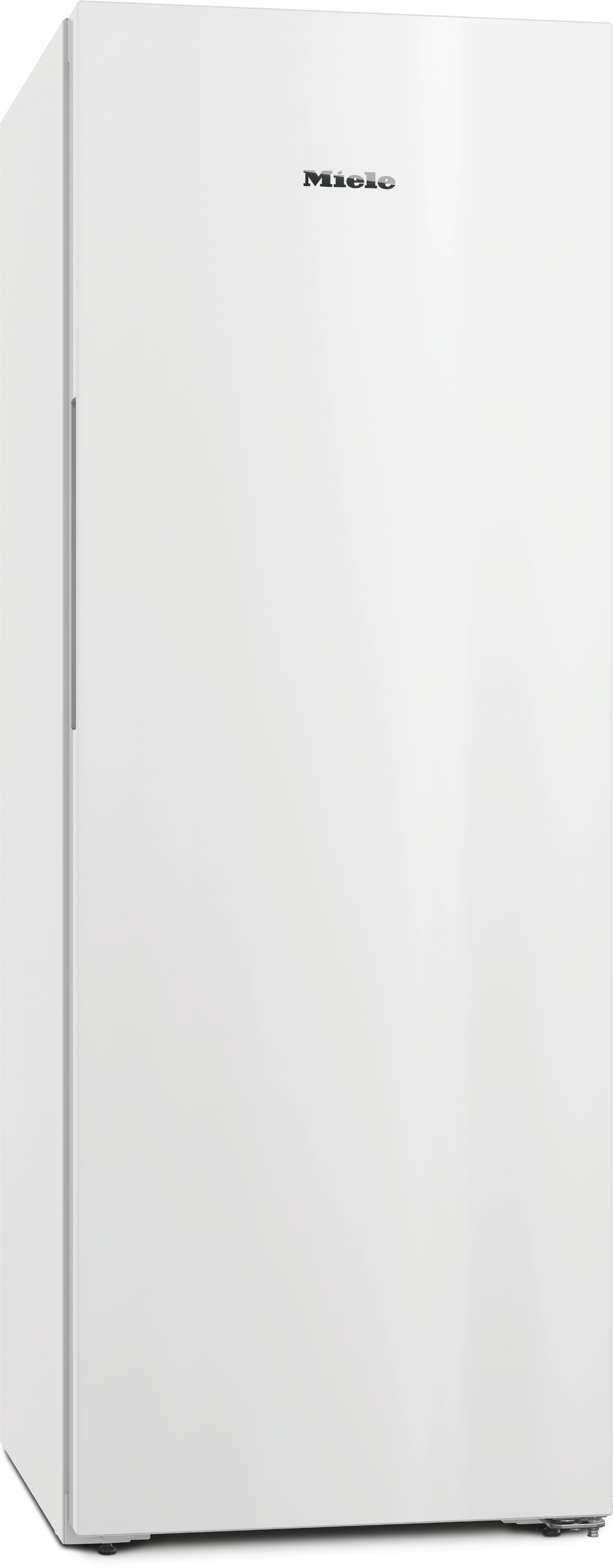 Weißer Miele-Kühlschrank mit Griff und Logo.