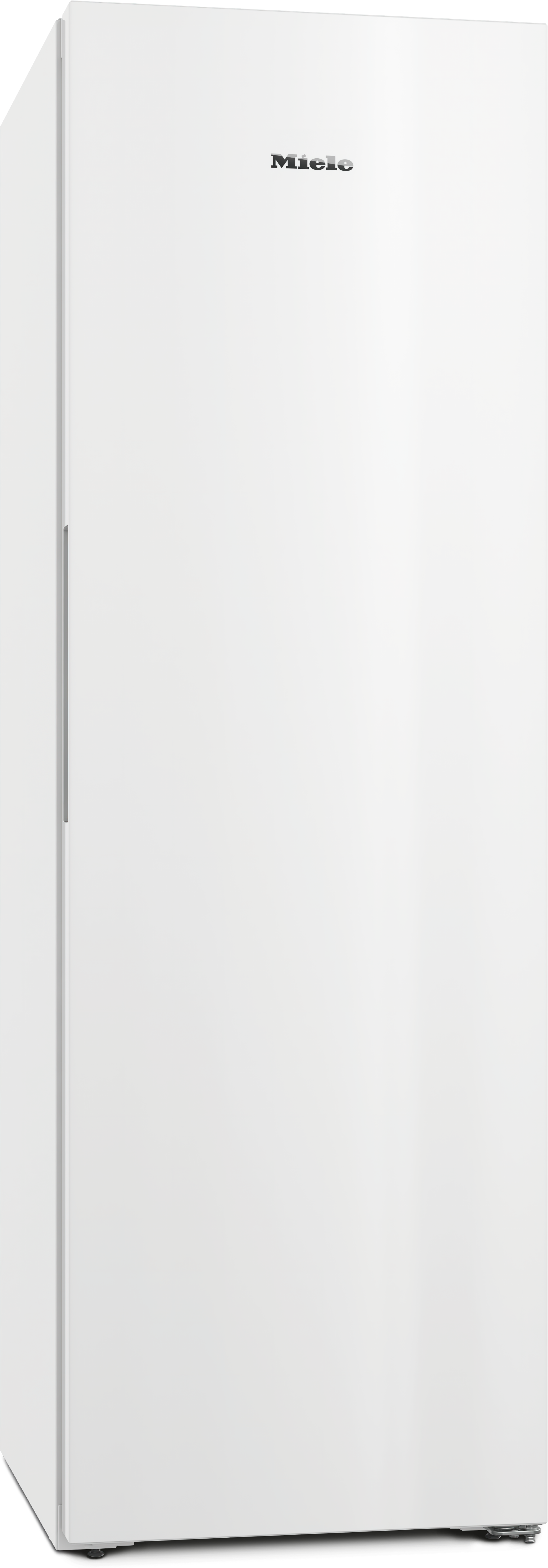 Weißer Miele-Kühlschrank, hoch und schmal, mit silbernem Griff. Einfacher weißer Hintergrund.