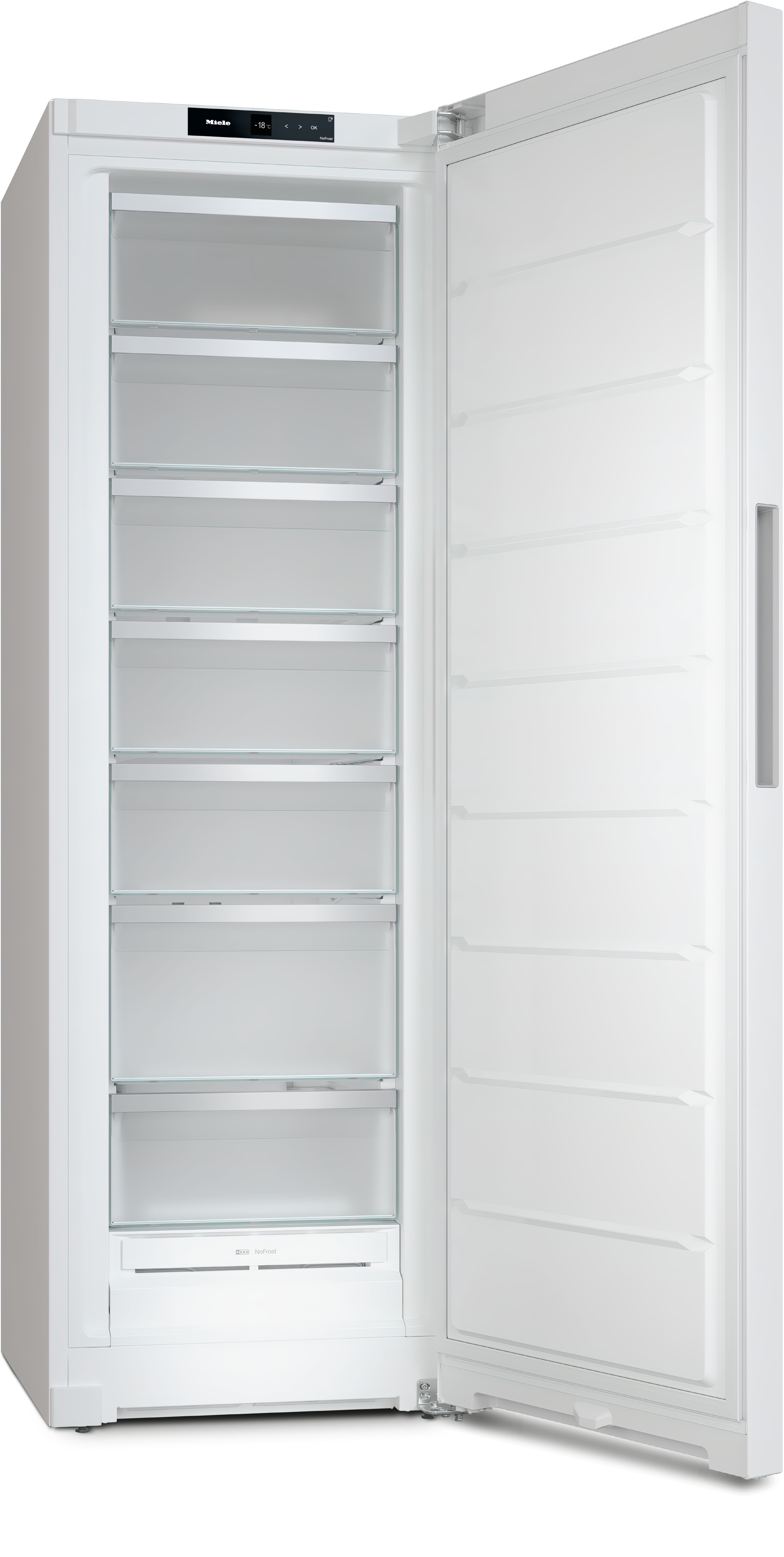 Ein weißer Miele Gefrierschrank, der den Innenraum mit Glasböden und Stauraum zeigt.