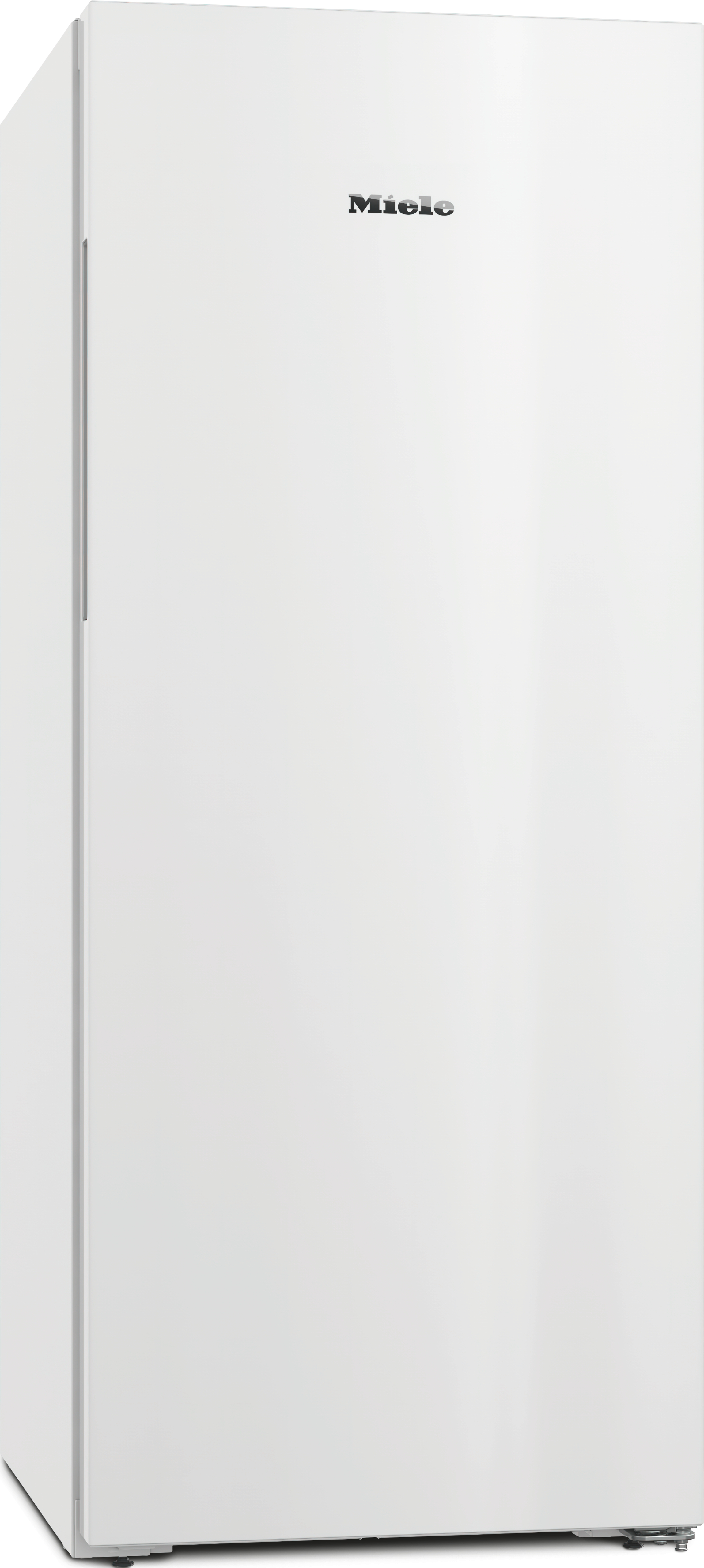 Ein hoher, weißer Miele-Kühlschrank steht vor einem weißen Hintergrund.
