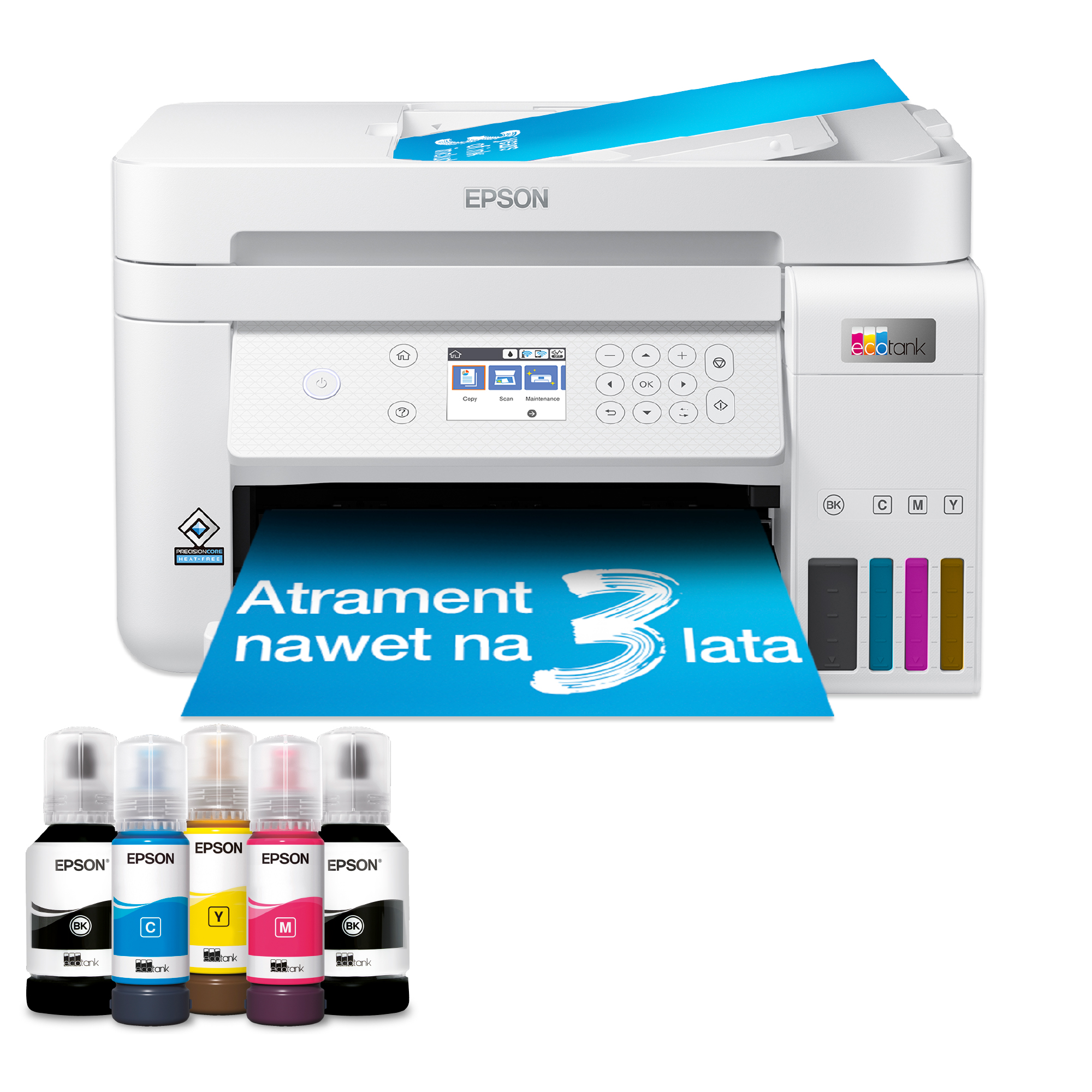 Drukarka Epson z butelkami z tuszem, drukująca stronę z niebieskim banerem.