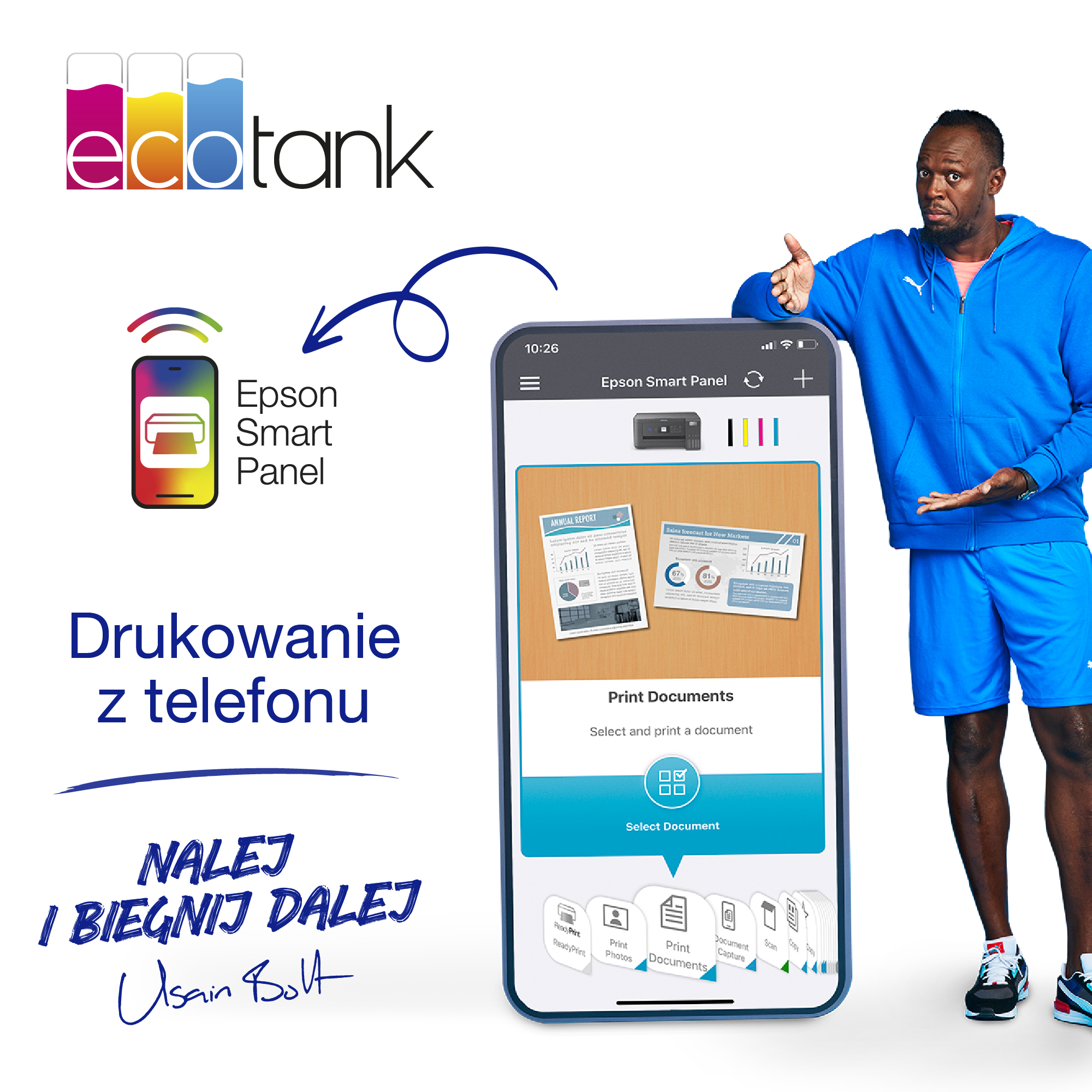 Usain Bolt ze smartfonem pokazującym aplikację Epson Smart Panel. Obraz promuje drukowanie z telefonu, z tekstem po polsku.