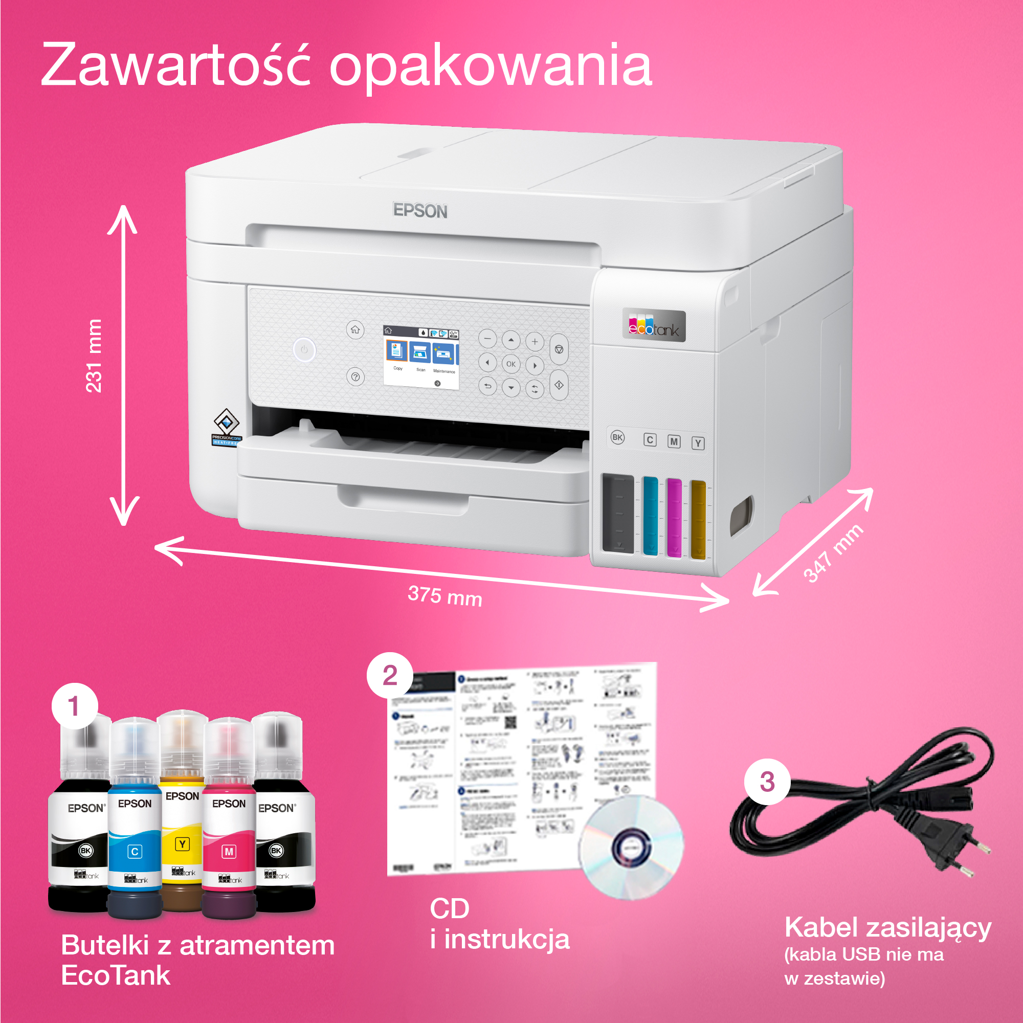 Drukarka Epson z butelkami z tuszem i instrukcjami, ze wskazaniem wymiarów.