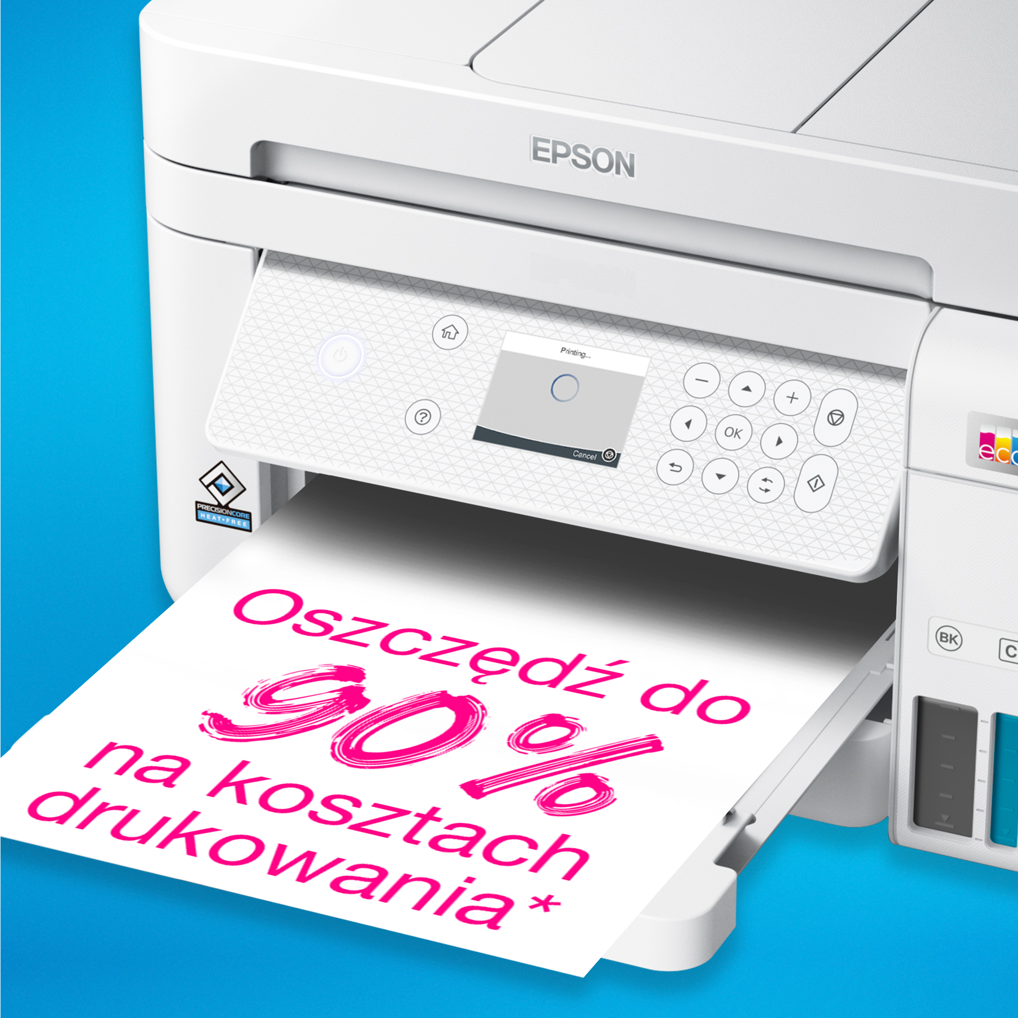 Drukarka Epson pokazująca papier z różowym tekstem. Postęp drukowania na wyświetlaczu.