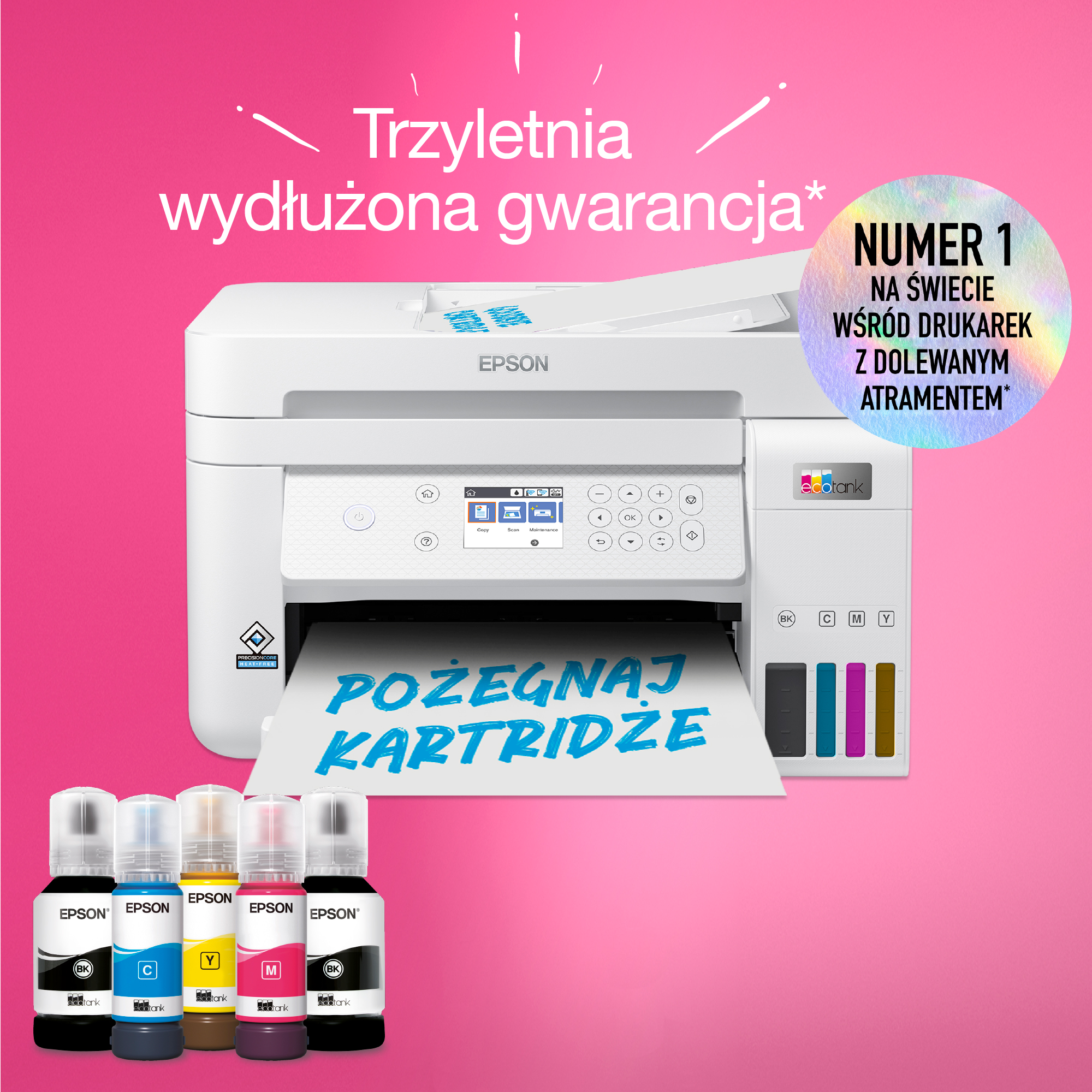 Drukarka Epson z butelkami z tuszem i tekstem promocyjnym na różowym tle.