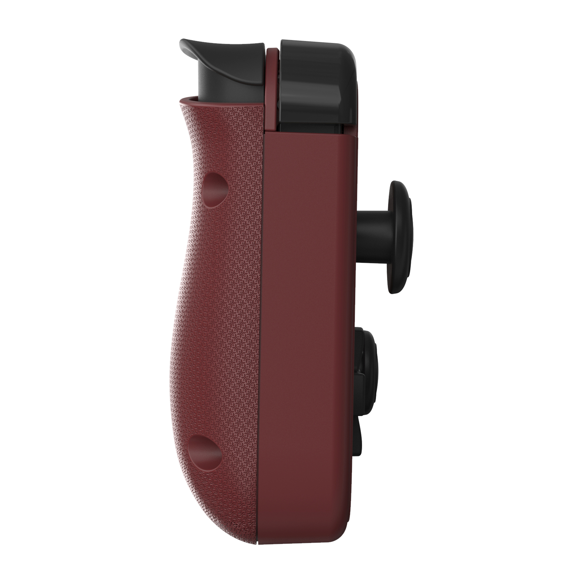 Rotes Gamepad, Seitenansicht, gebogener Griff, Knöpfe seitlich.