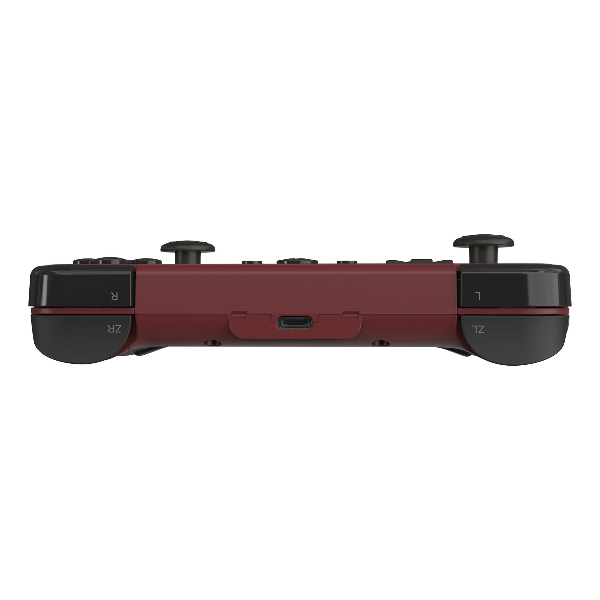 Ein kastanienroter Gamecontroller mit schwarzen Knöpfen und Joysticks, mit 'R' und 'L' markiert.
