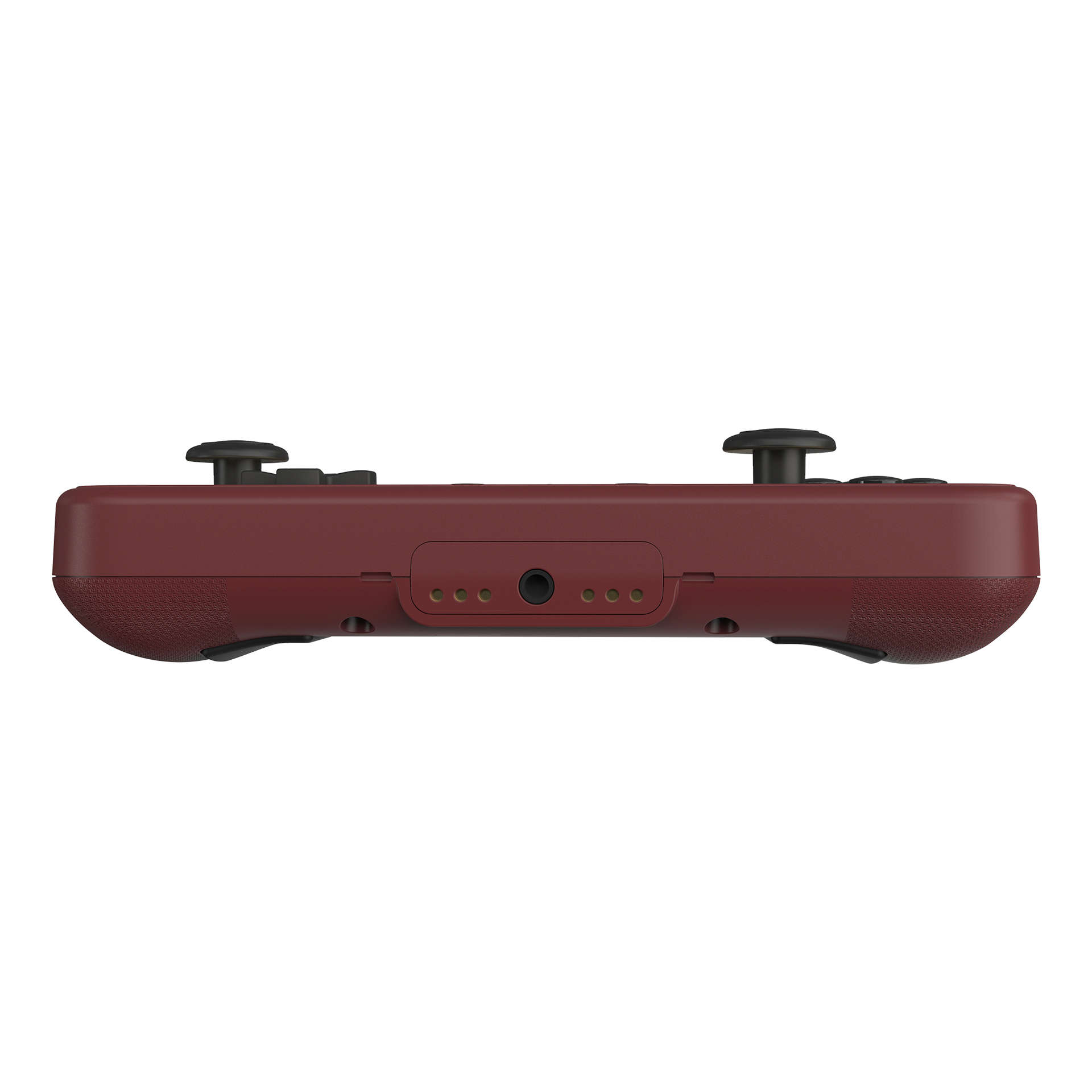 Ein weinroter Gamecontroller, von unten gesehen, mit sichtbaren Knöpfen und Anschlüssen.