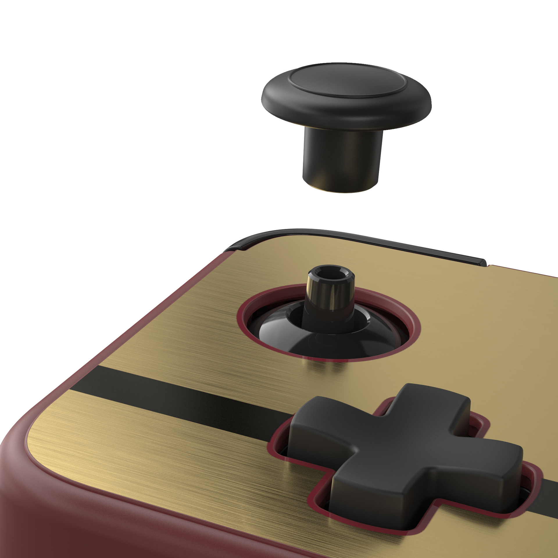 Ein Gamecontroller, bei dem ein schwarzer Joystick in seine Fassung eingesetzt wird. Der Hintergrund ist weiß.