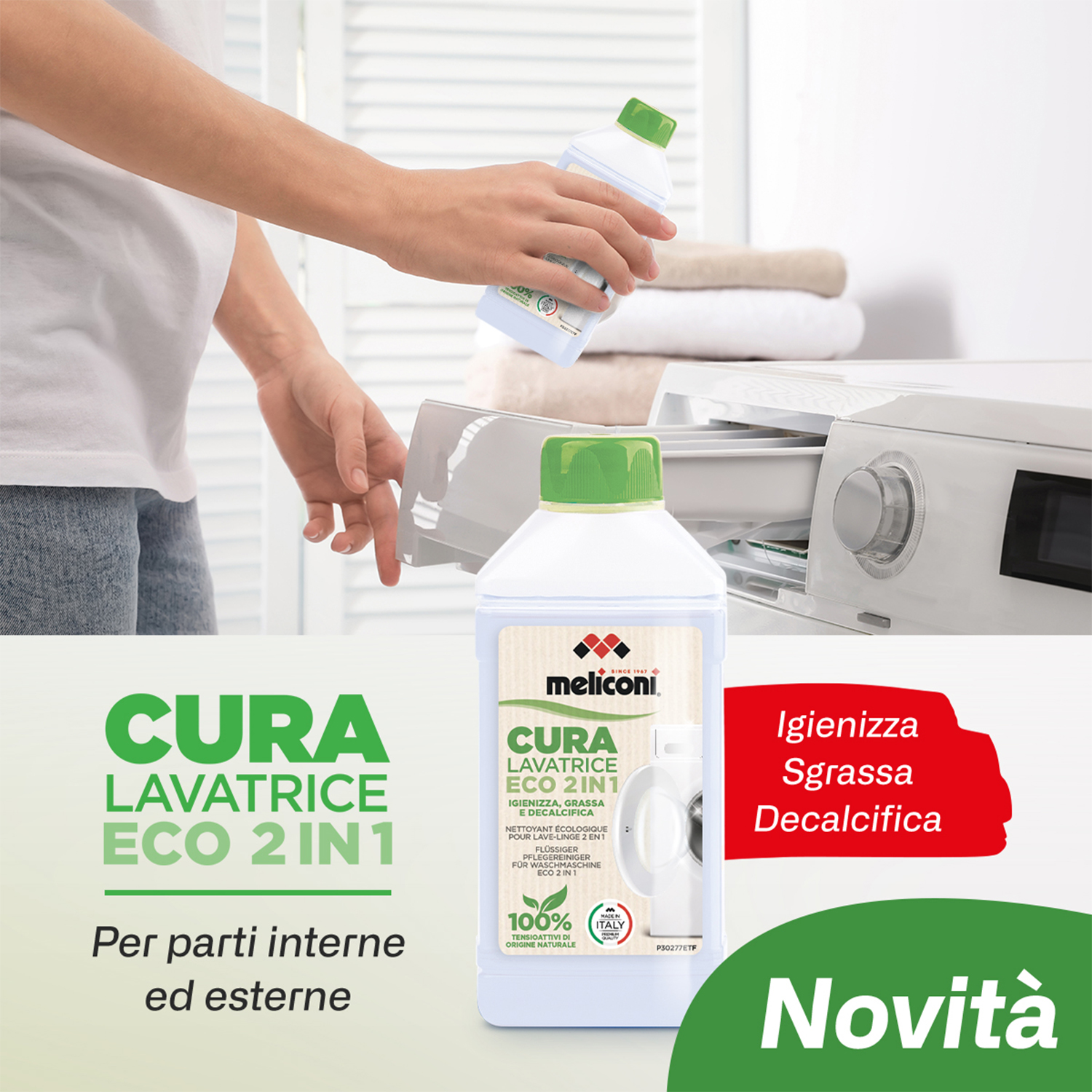 Persona versa detersivo in lavatrice, bottiglia detersivo a fuoco.