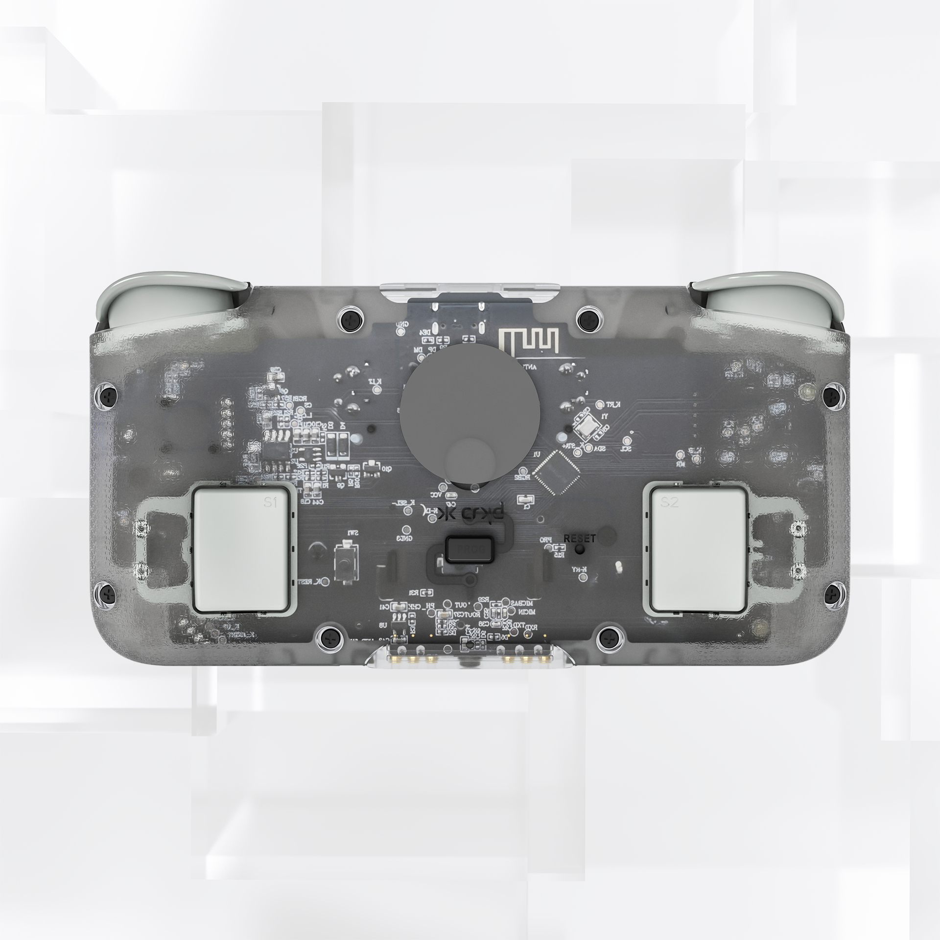 Gamepad mit transparentem Gehäuse, das interne Komponenten zeigt.
