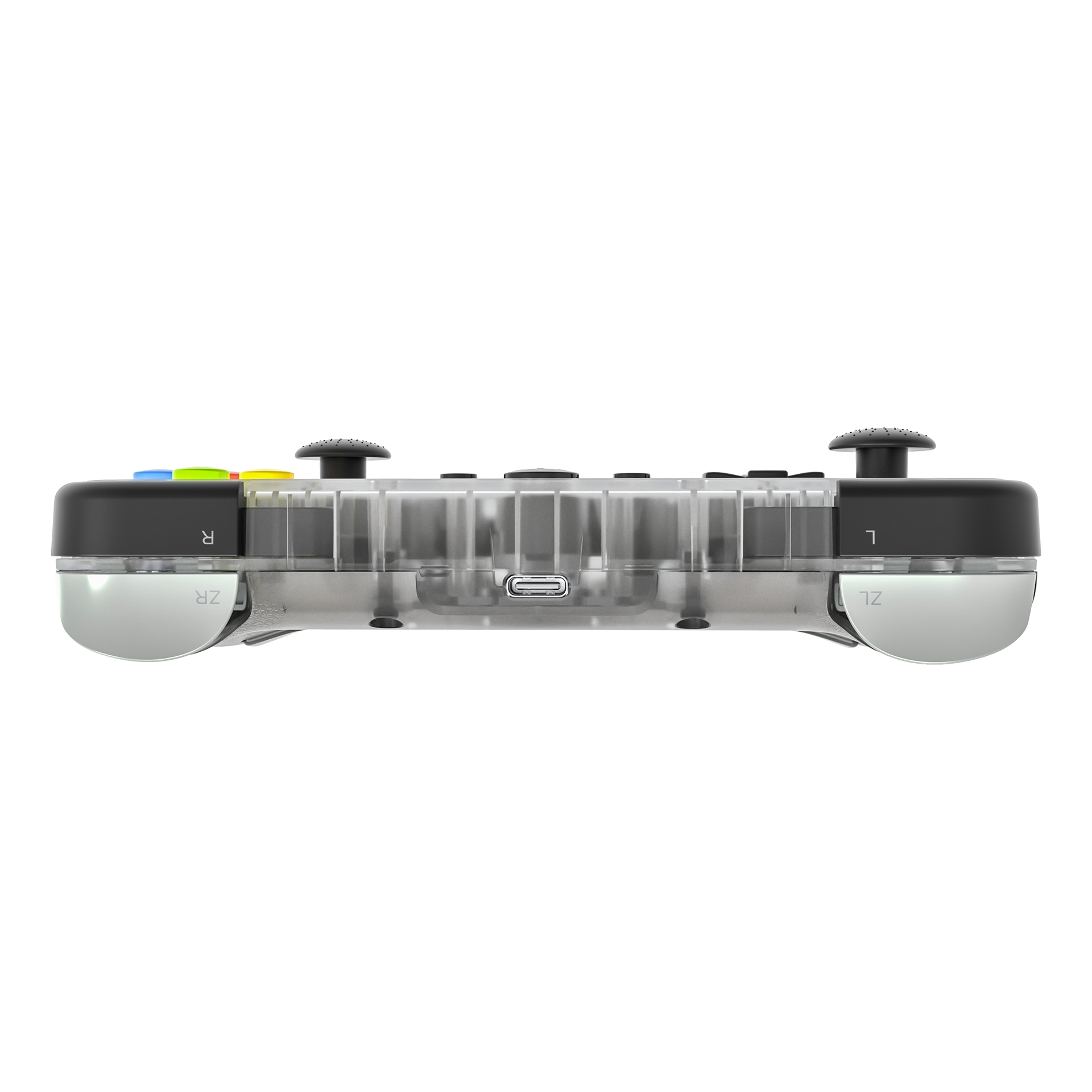 Ein transparenter Game-Controller mit Knöpfen und Joysticks auf weißem Hintergrund.