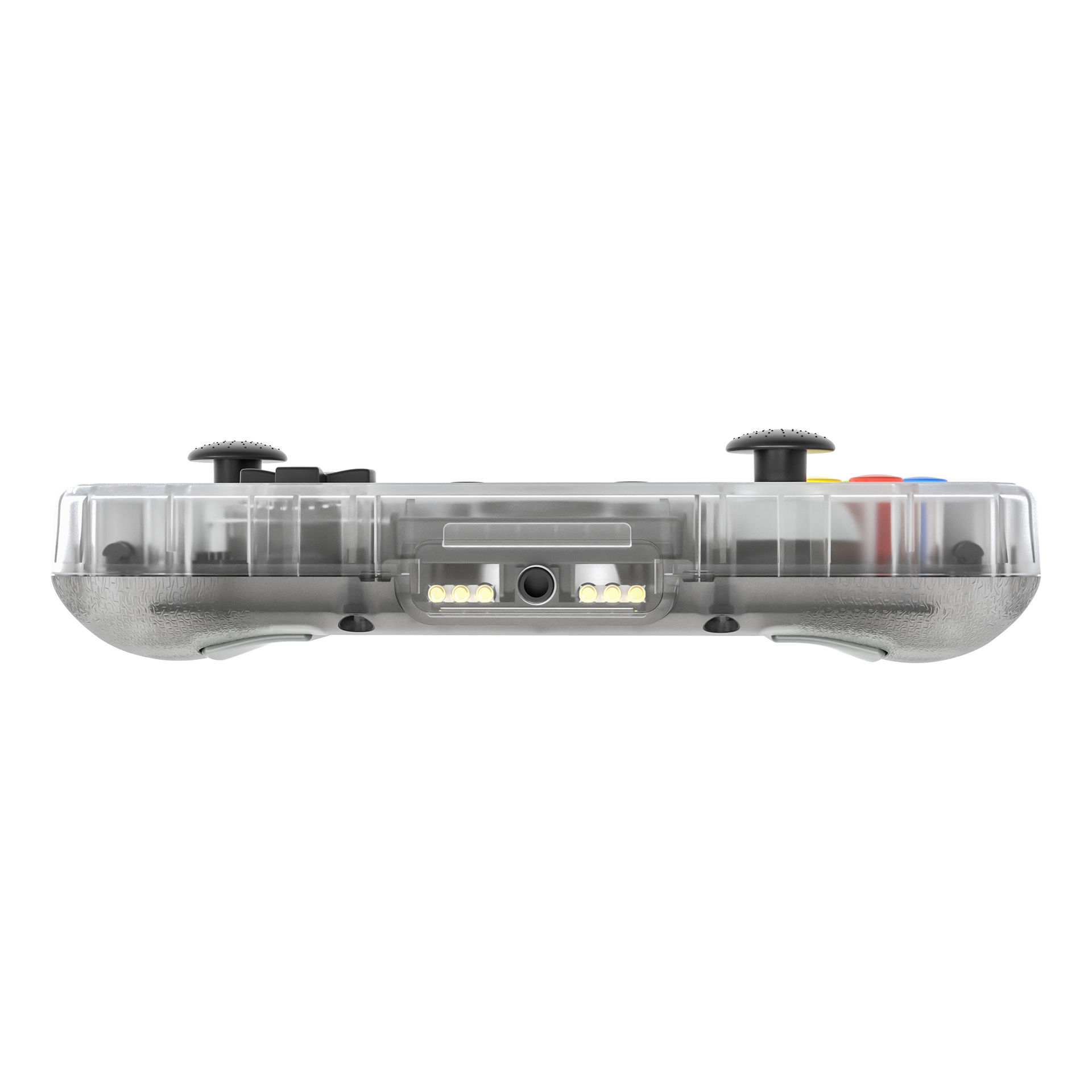 Transparenter Controller Seitenansicht mit Knöpfen und Joysticks, weißer Hintergrund.