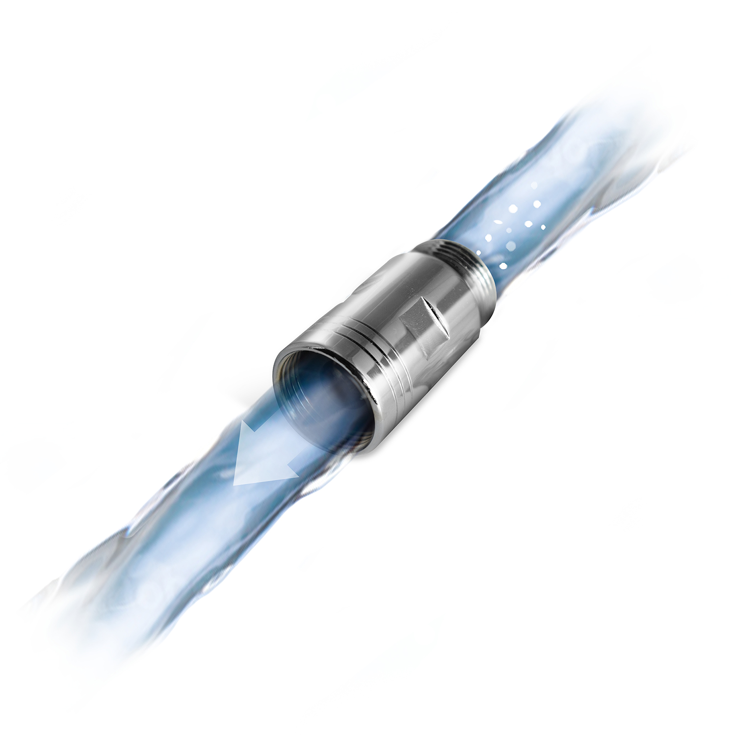Un tubo metallico con acqua che scorre attraverso. L'acqua è raffigurata con effetti blu e bianchi.