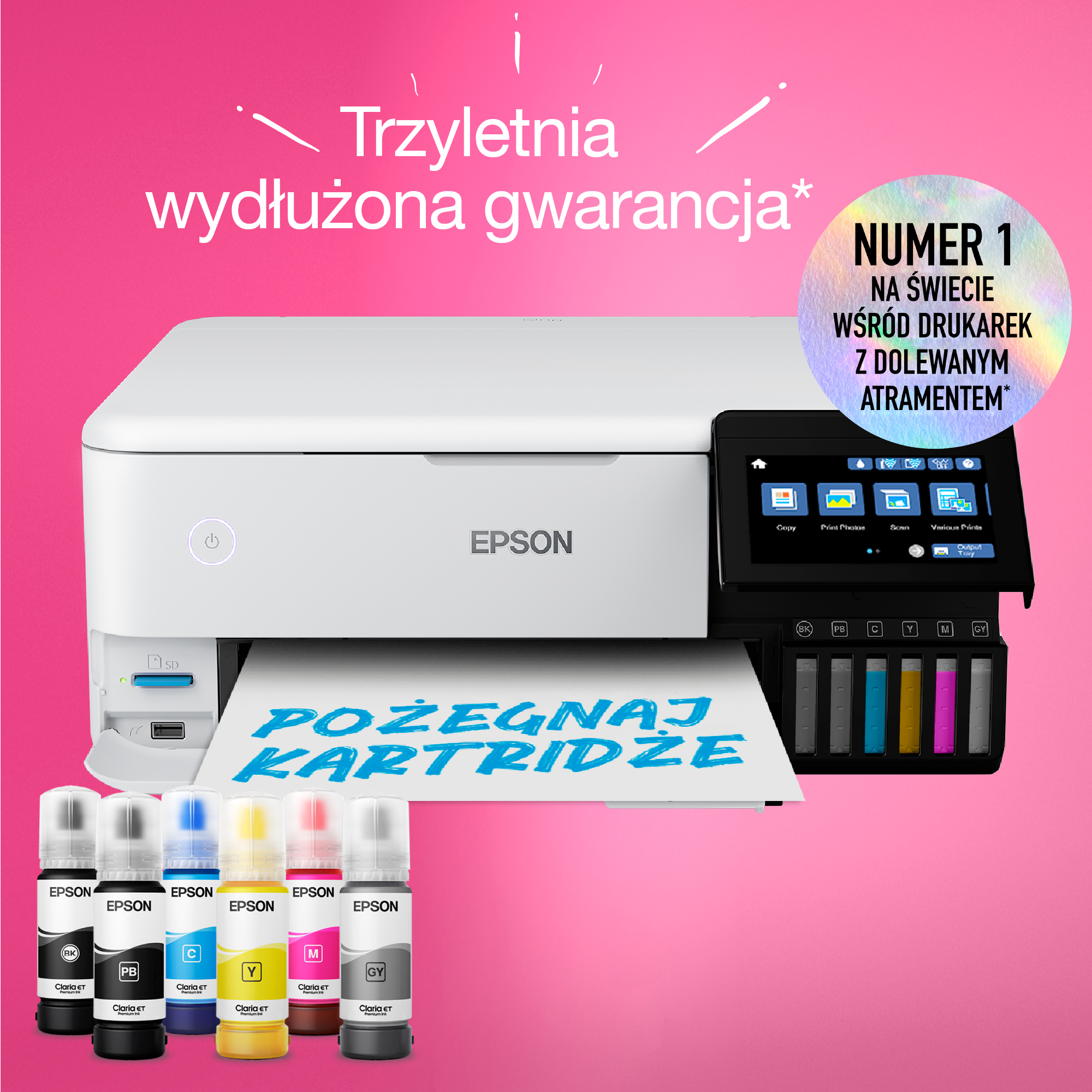 Biała drukarka z butelkami z tuszem i ekranem, tekst mówi 'kartridże'.