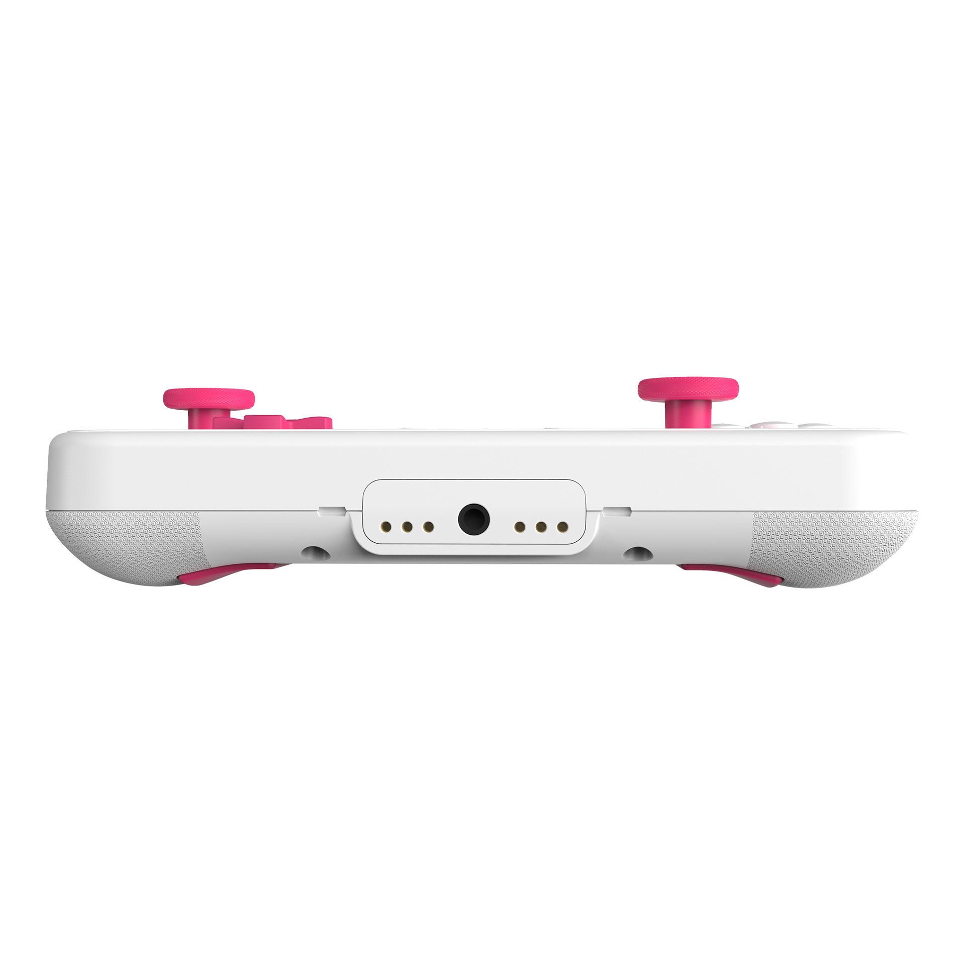 Ein weißer Gamecontroller mit pinkfarbenen Joysticks und Knöpfen.