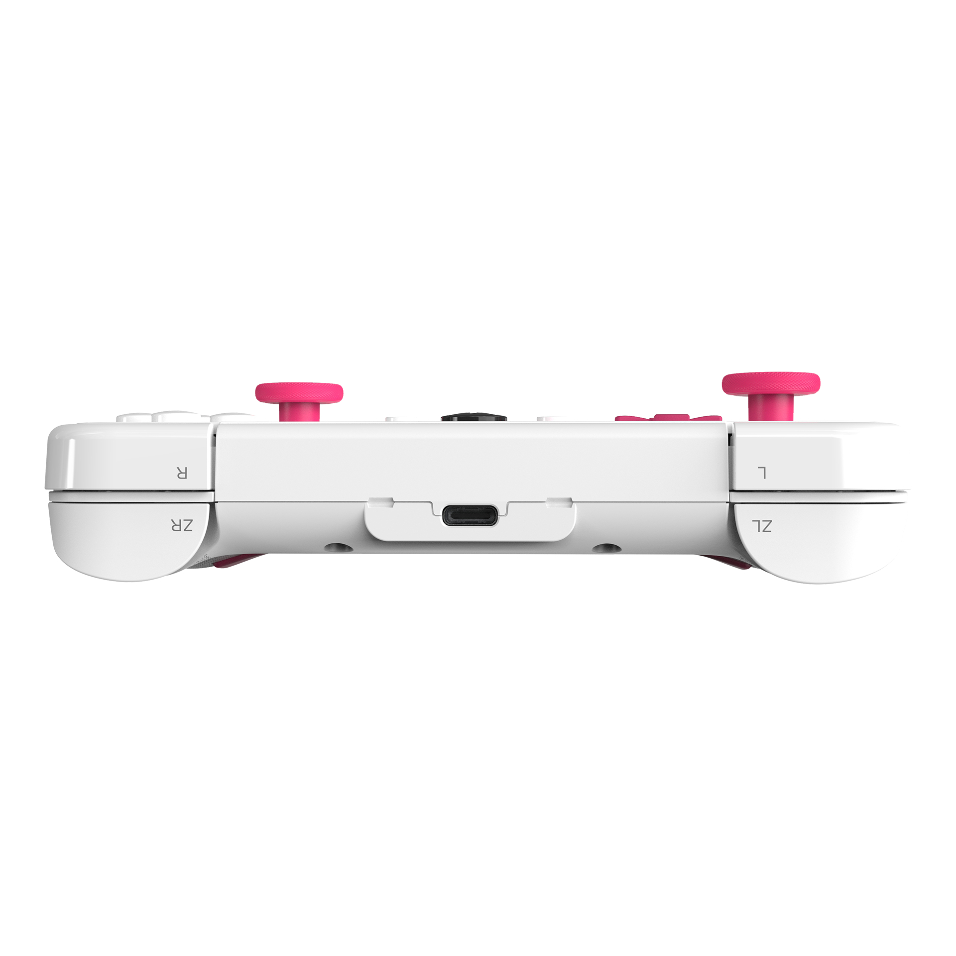 Draufsicht auf einen weißen Controller, mit L-, R-, ZR-, ZL-Tasten und pinkfarbenen Joysticks.