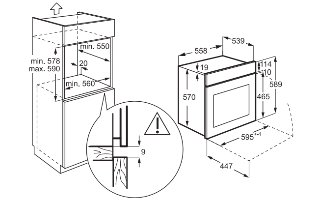 Beépíthető sütő diagramja méretekkel, részlettel.