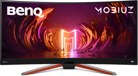 Egy ívelt BenQ monitor neon M alakzatot mutat egy szürreális tájon.