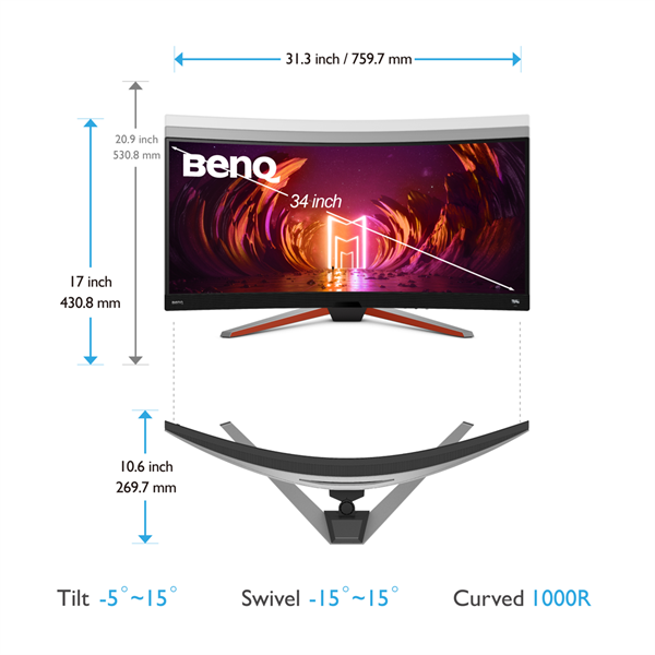 Egy 34 hüvelykes, ívelt BenQ monitor méretekkel és döntési/forgatási tartományokkal.