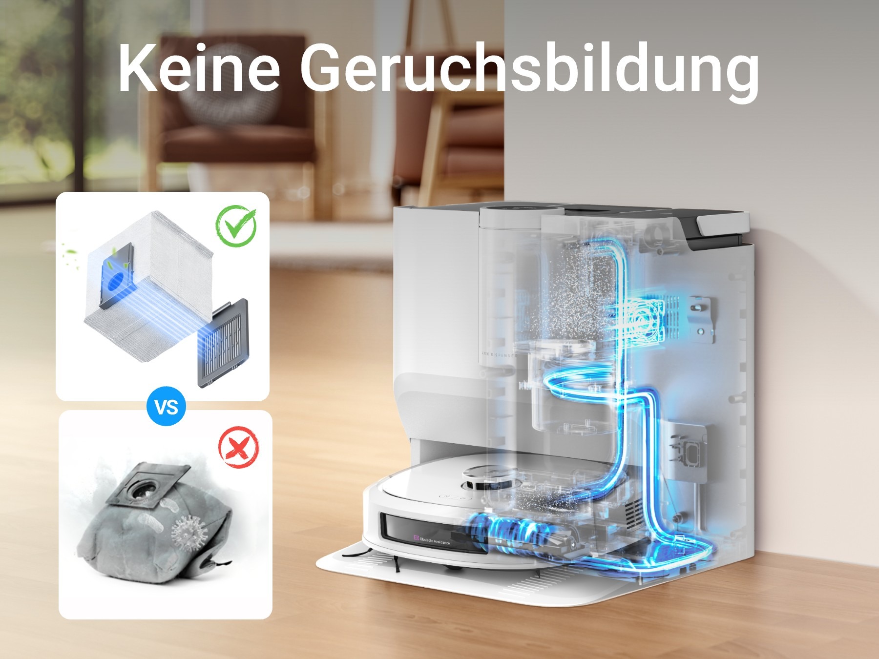 Diagramm eines Roboter-Staubsaugers mit Filter und Staubbeutel, das den Luftstrom zeigt.