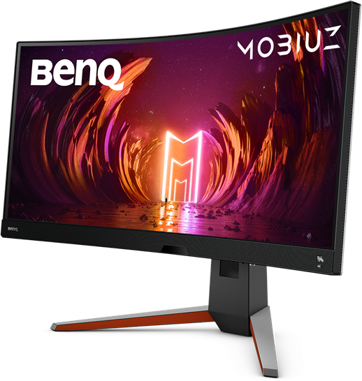 Ívelt BenQ monitor futurisztikus jelenettel és neonfényekkel.