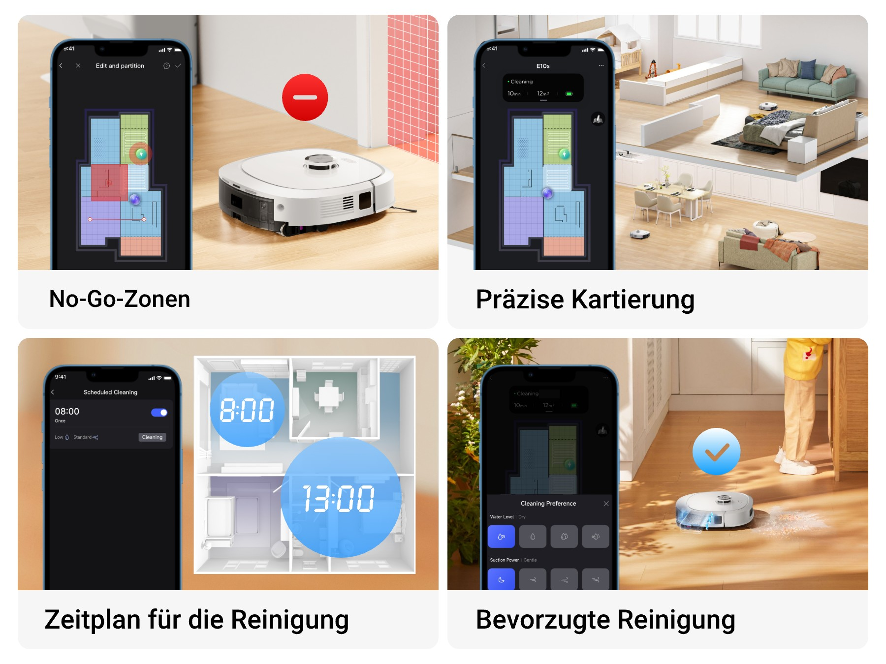 Vier Bilder zeigen einen Roboter-Staubsauger auf einem Telefonbildschirm und den Reinigungsvorgang. Das Telefon ist blau.