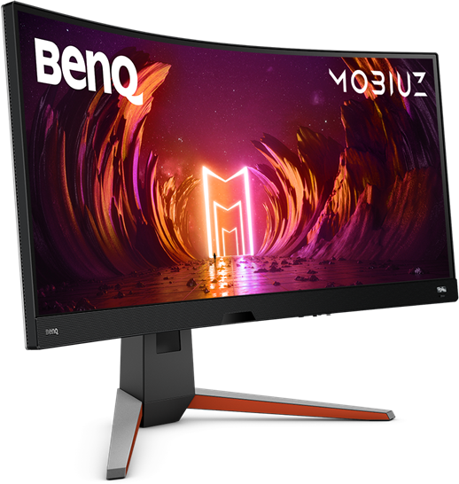 Egy ívelt BenQ monitor élénk, absztrakt tájat jelenít meg, világító M alakokkal.