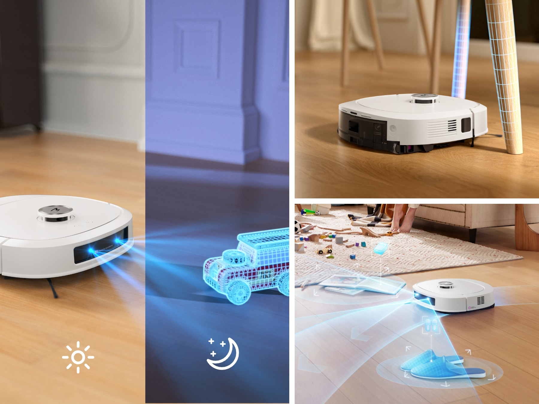 Roboter-Staubsauger reinigt Boden. Zeigt verschiedene Reinigungsmodi. Holzboden, Sonnen- und Mondsymbole. Digitales Drahtgitter.