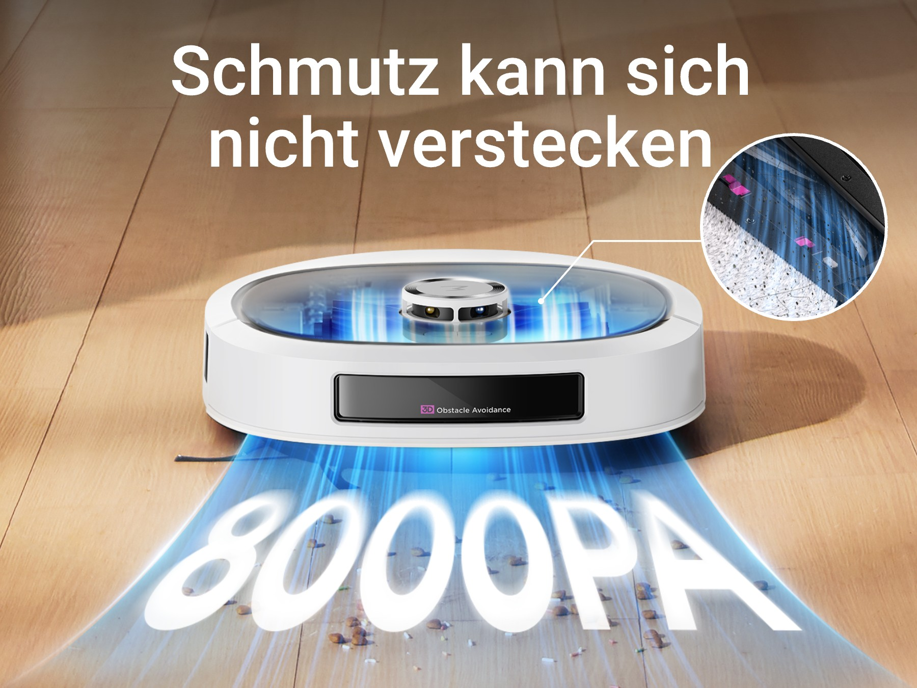 Roboter-Staubsauger, der einen Holzboden reinigt, mit Text auf Deutsch.