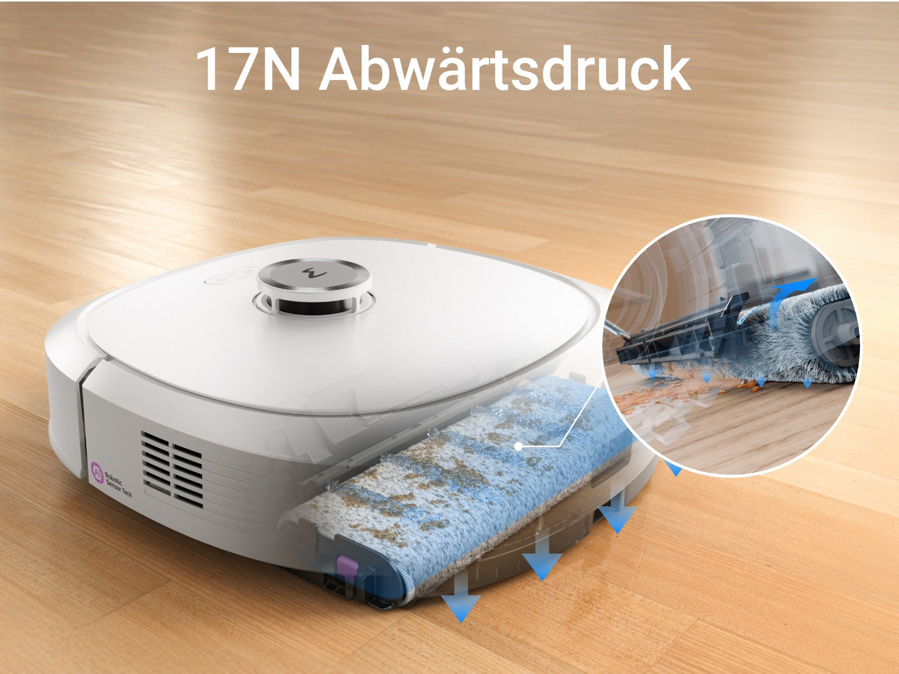 Weißer Roboter-Staubsauger auf Holzboden, mit Diagramm der Reinigungsaktion.