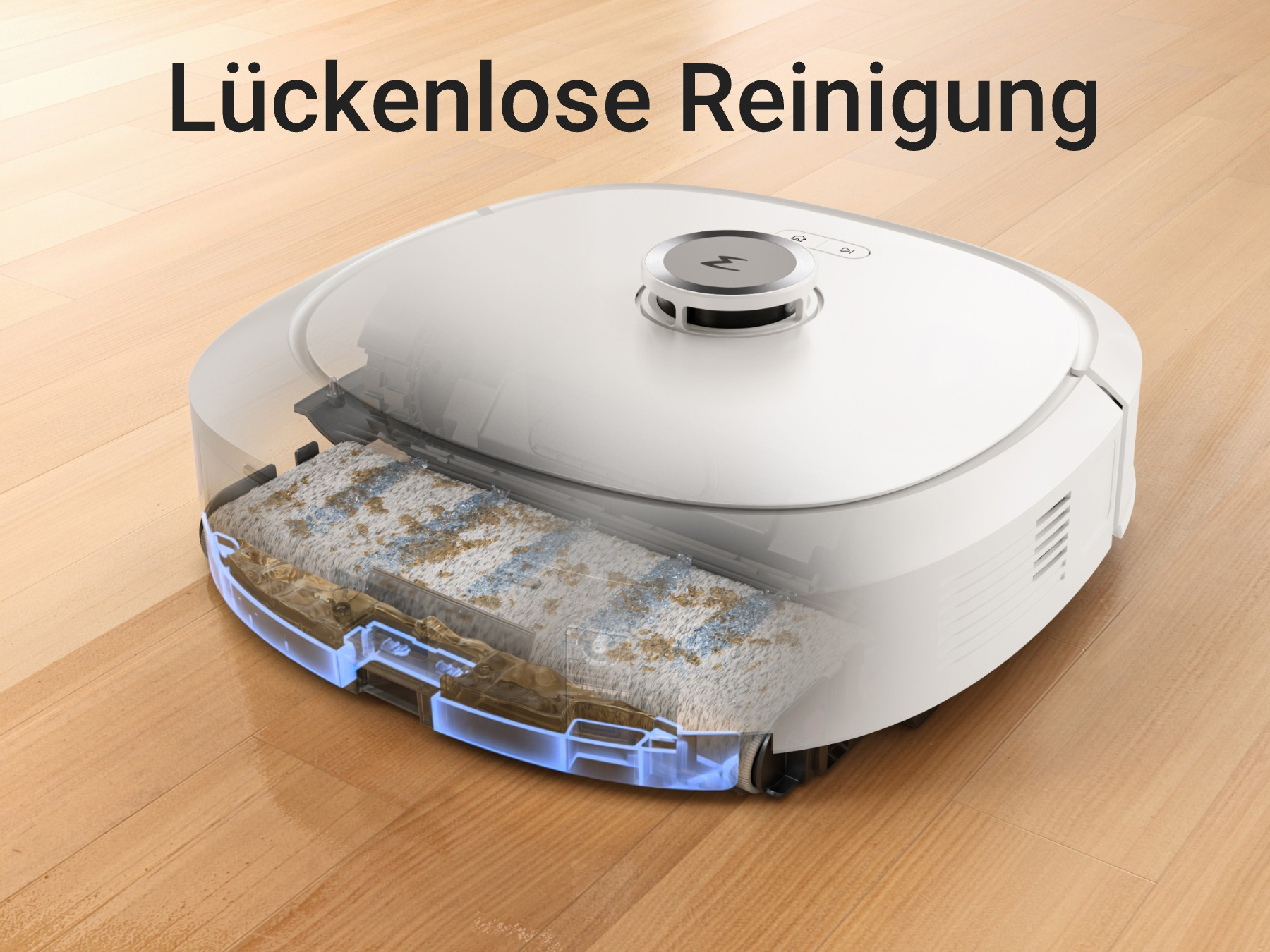 Weißer Roboter-Staubsauger, transparente Hülle zeigt eine Bürste, die den Boden reinigt. Text: 'Lückenlose Reinigung'.