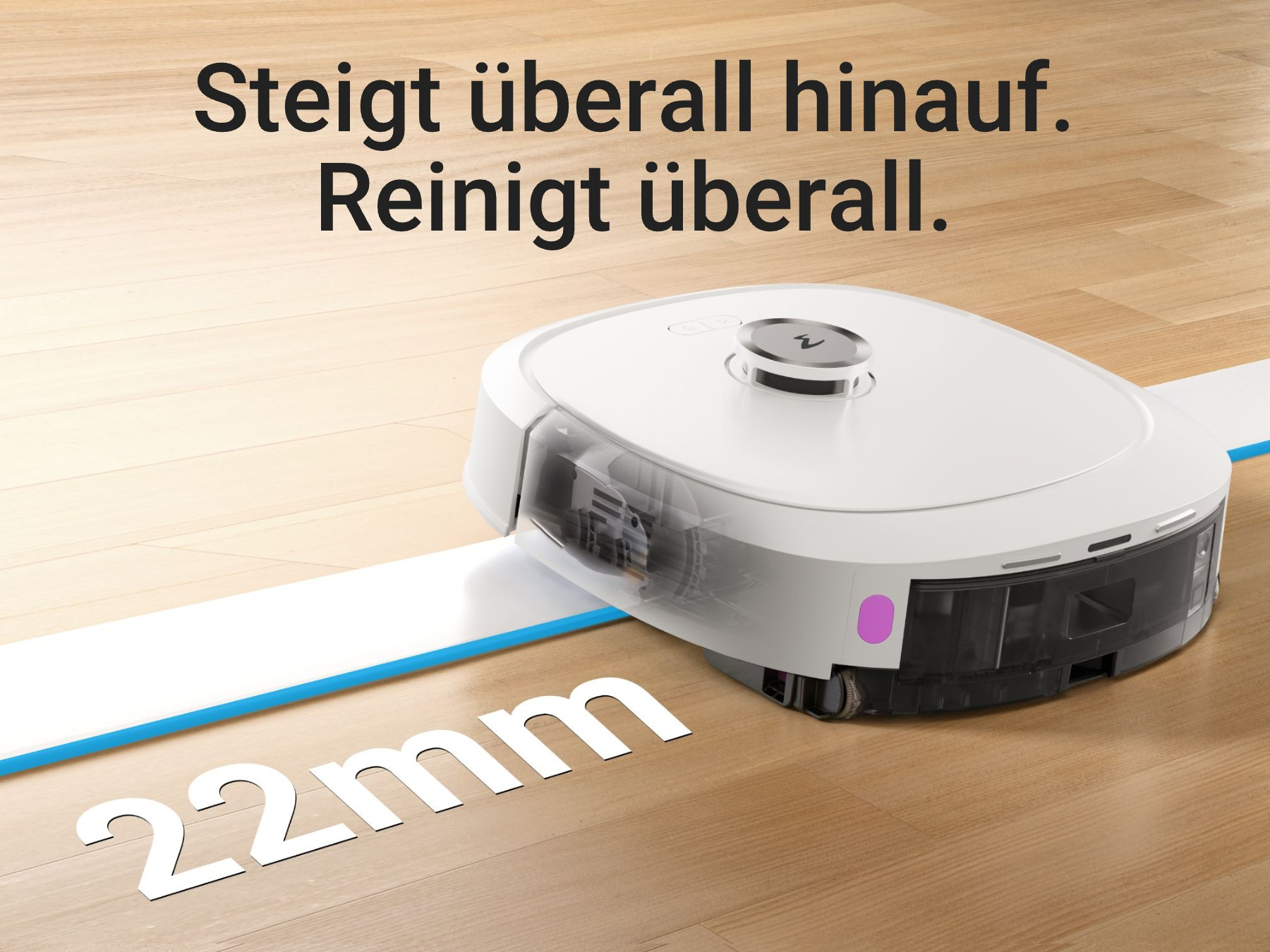 Ein weißer Roboter-Staubsauger auf einem Holzboden, mit einer blauen Linie und der Zahl '22mm'.