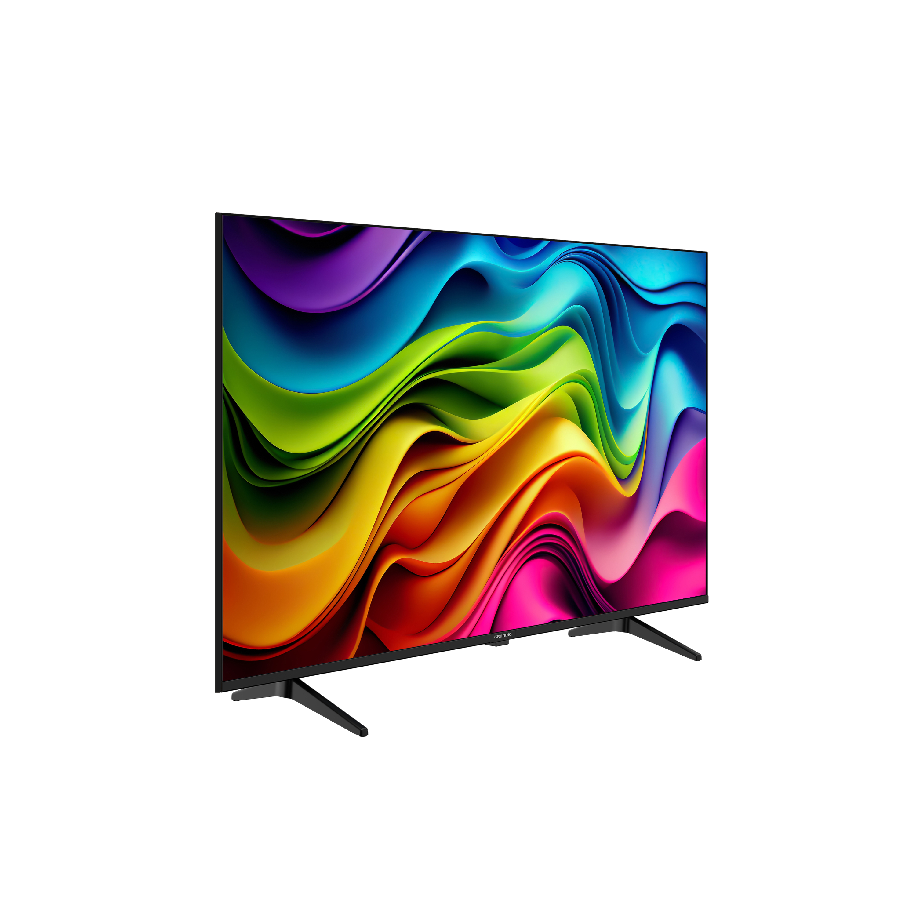 Der schwarze Fernseher zeigt farbenfrohe abstrakte Kunst. Der Fernseher hat schwarze Beine und einen Rahmen. Der Hintergrund ist weiß.